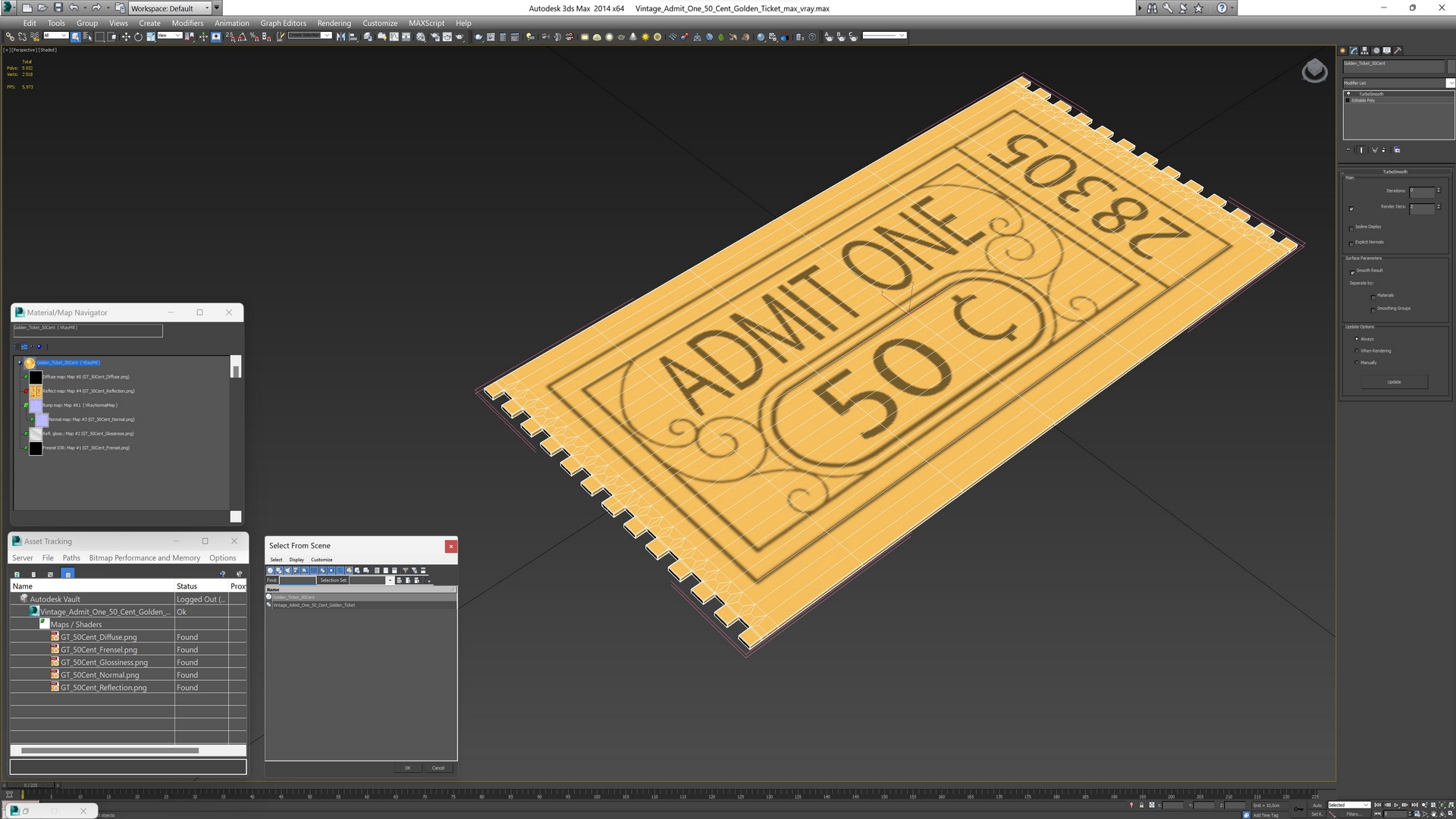 Vintage Admit One 50 Cent Golden Ticket 3D model