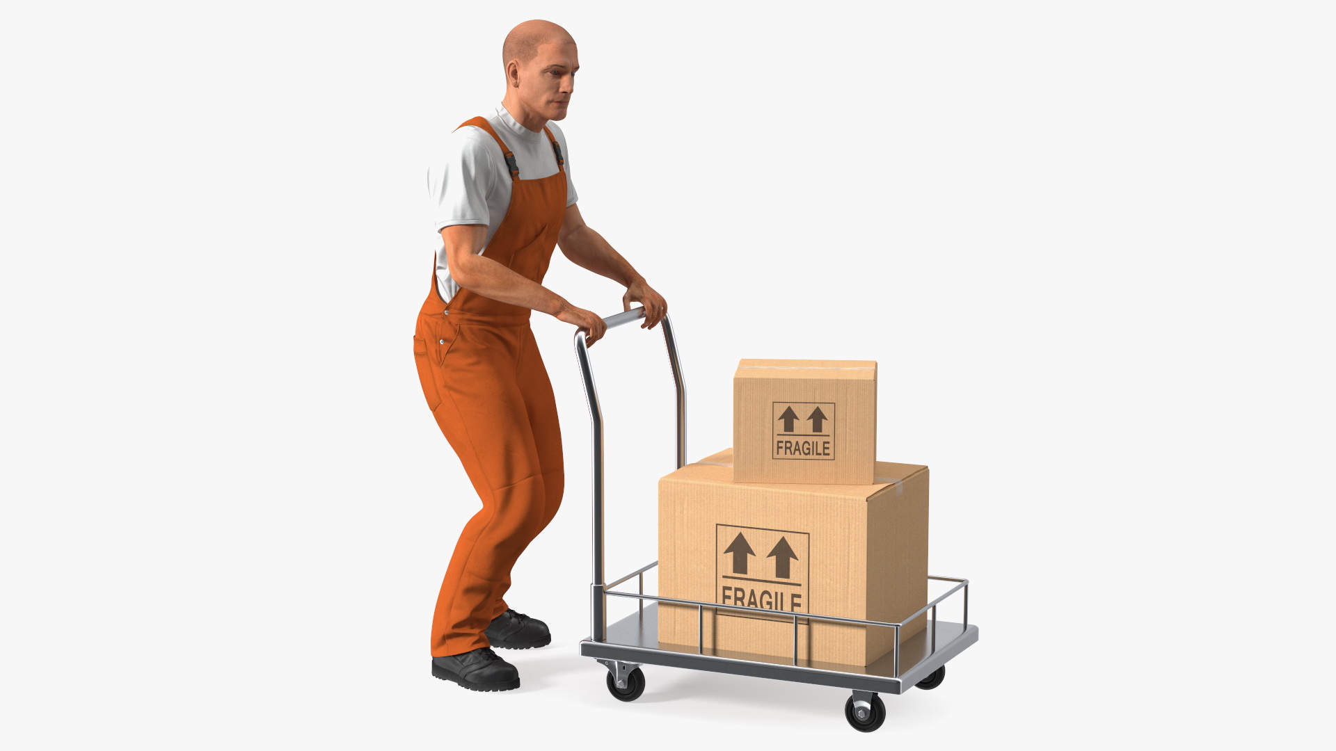 3D model Worker with Trolley Low Platform Railing Cardboard Boxes Fur