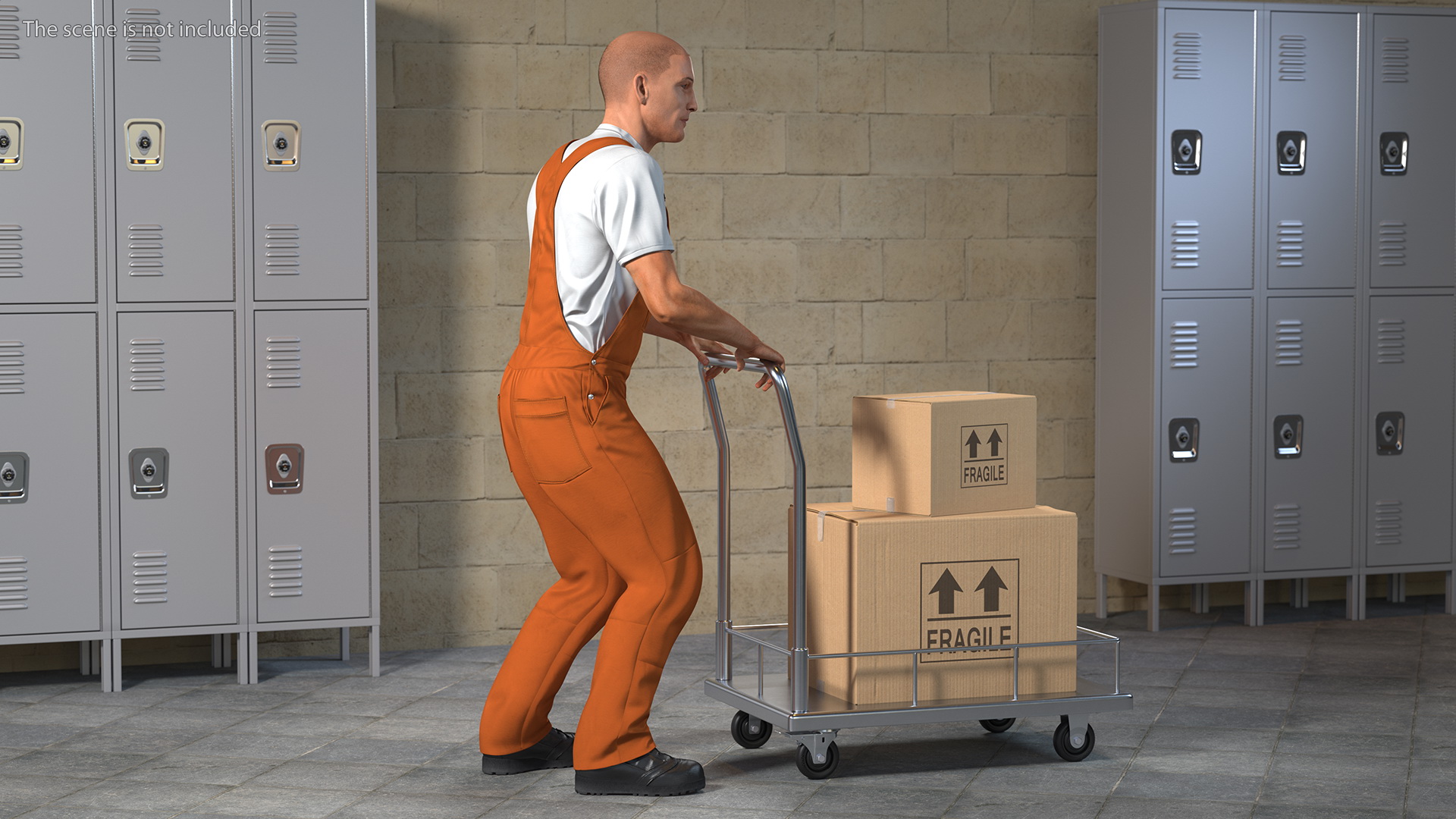 3D model Worker with Trolley Low Platform Railing Cardboard Boxes Fur