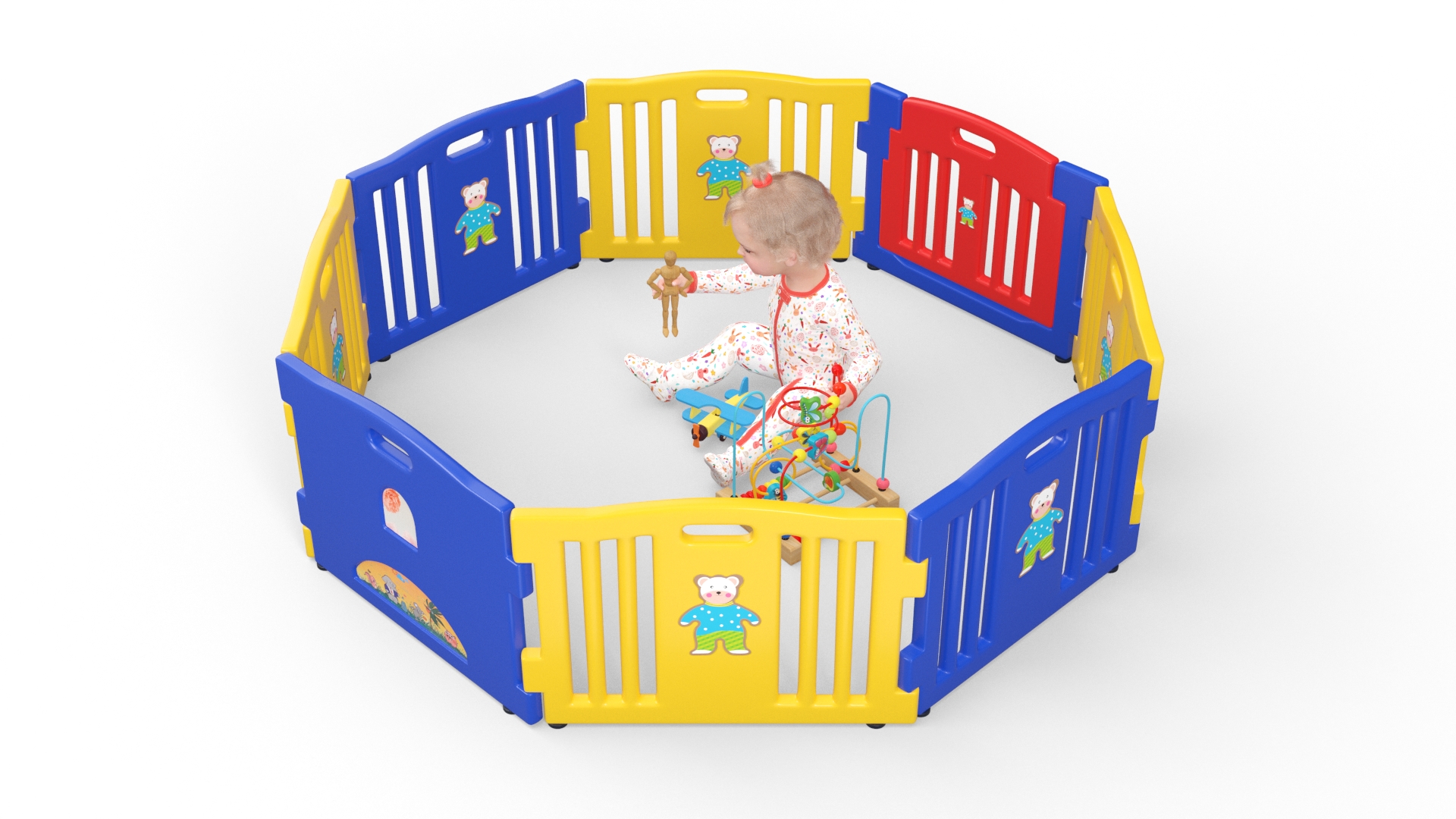 3D Baby Girl in Playpen with Toys Fur Rigged