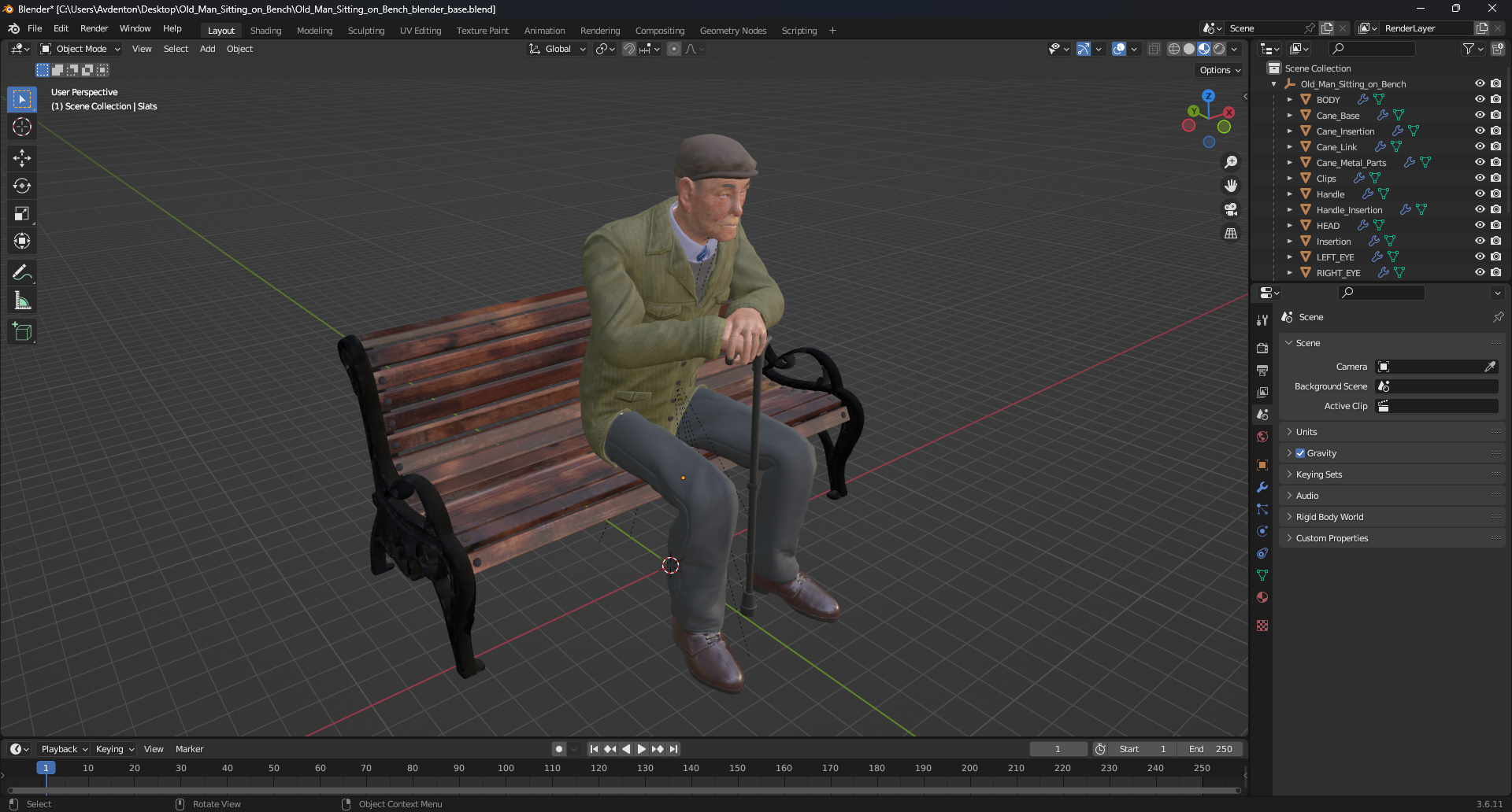 Old Man Sitting on Bench 3D model