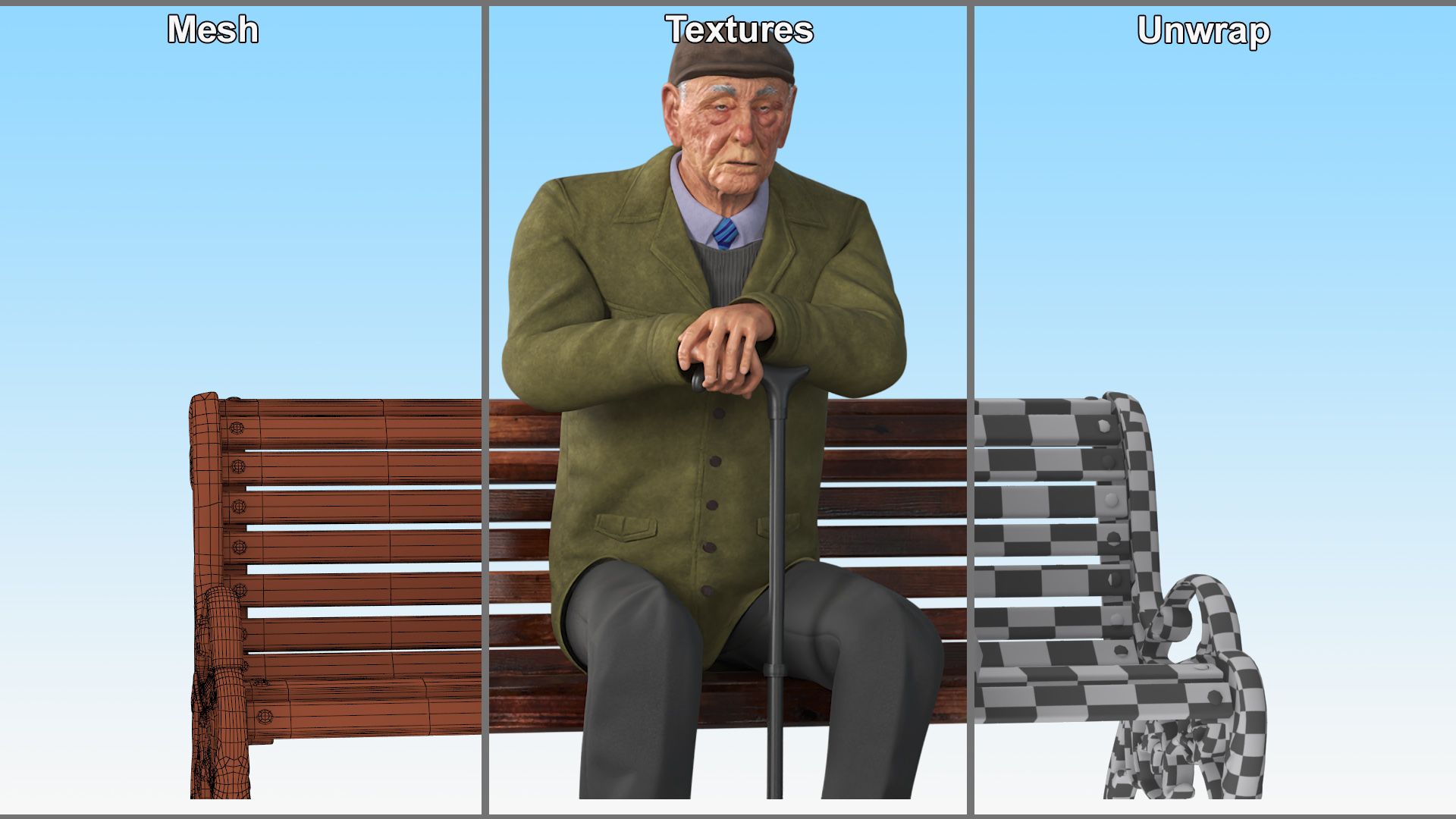 Old Man Sitting on Bench 3D model