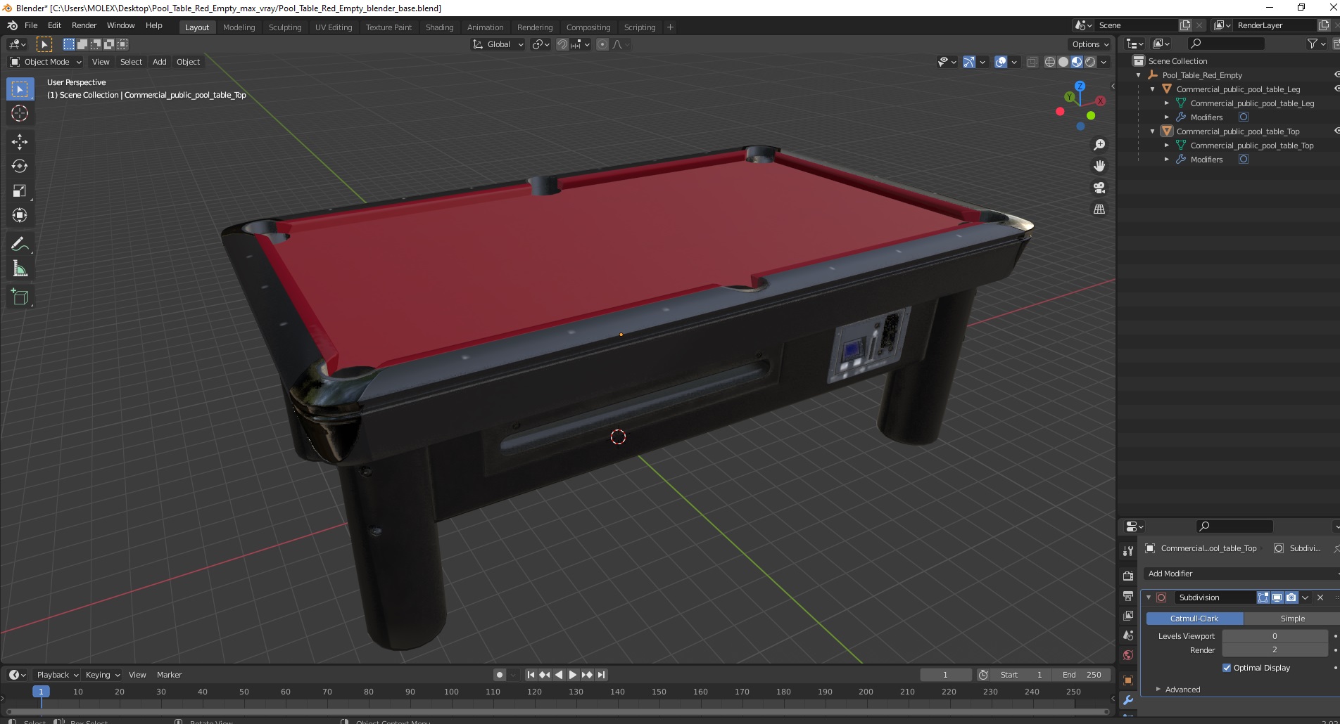 3D model Pool Table Red Empty