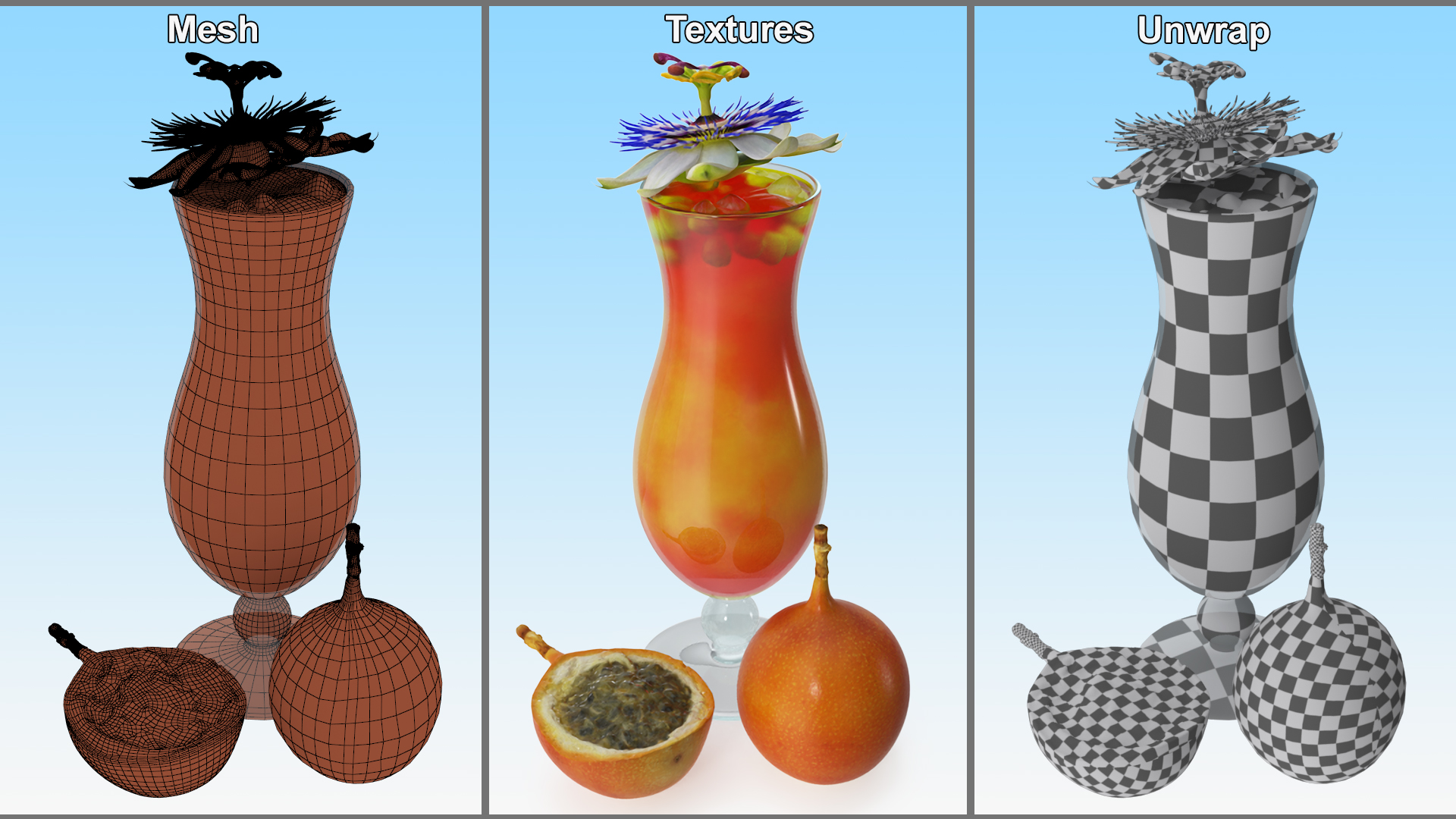 3D Cocktail Garnished with Passion Fruit and Passion Flower