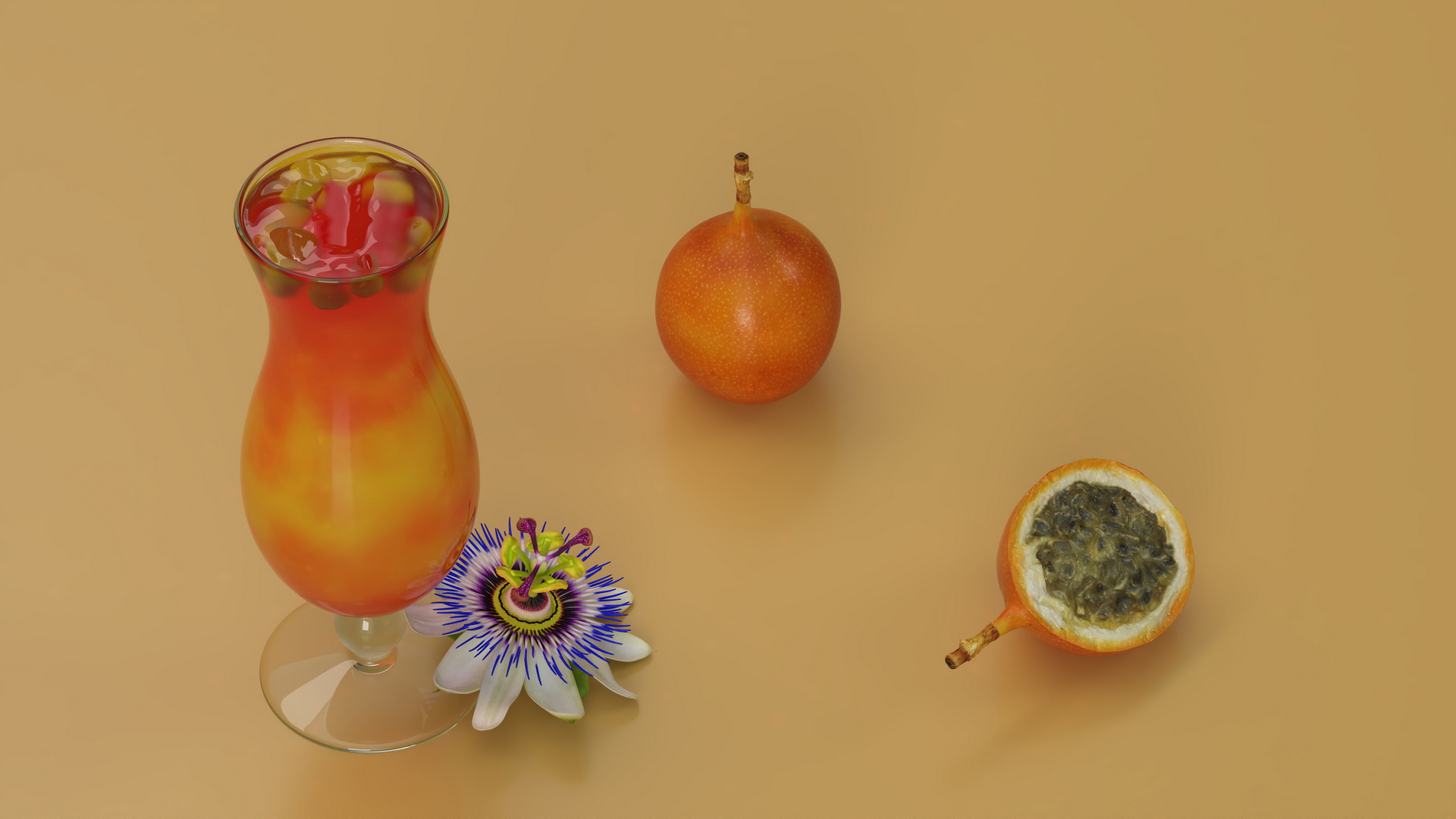 3D Cocktail Garnished with Passion Fruit and Passion Flower
