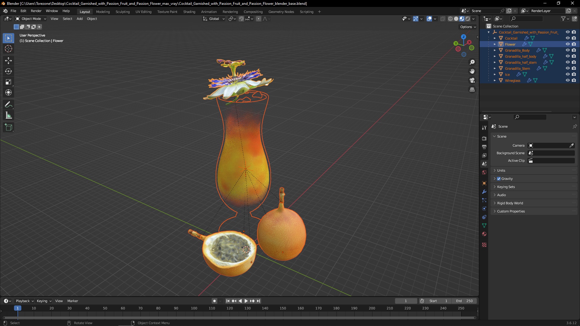 3D Cocktail Garnished with Passion Fruit and Passion Flower