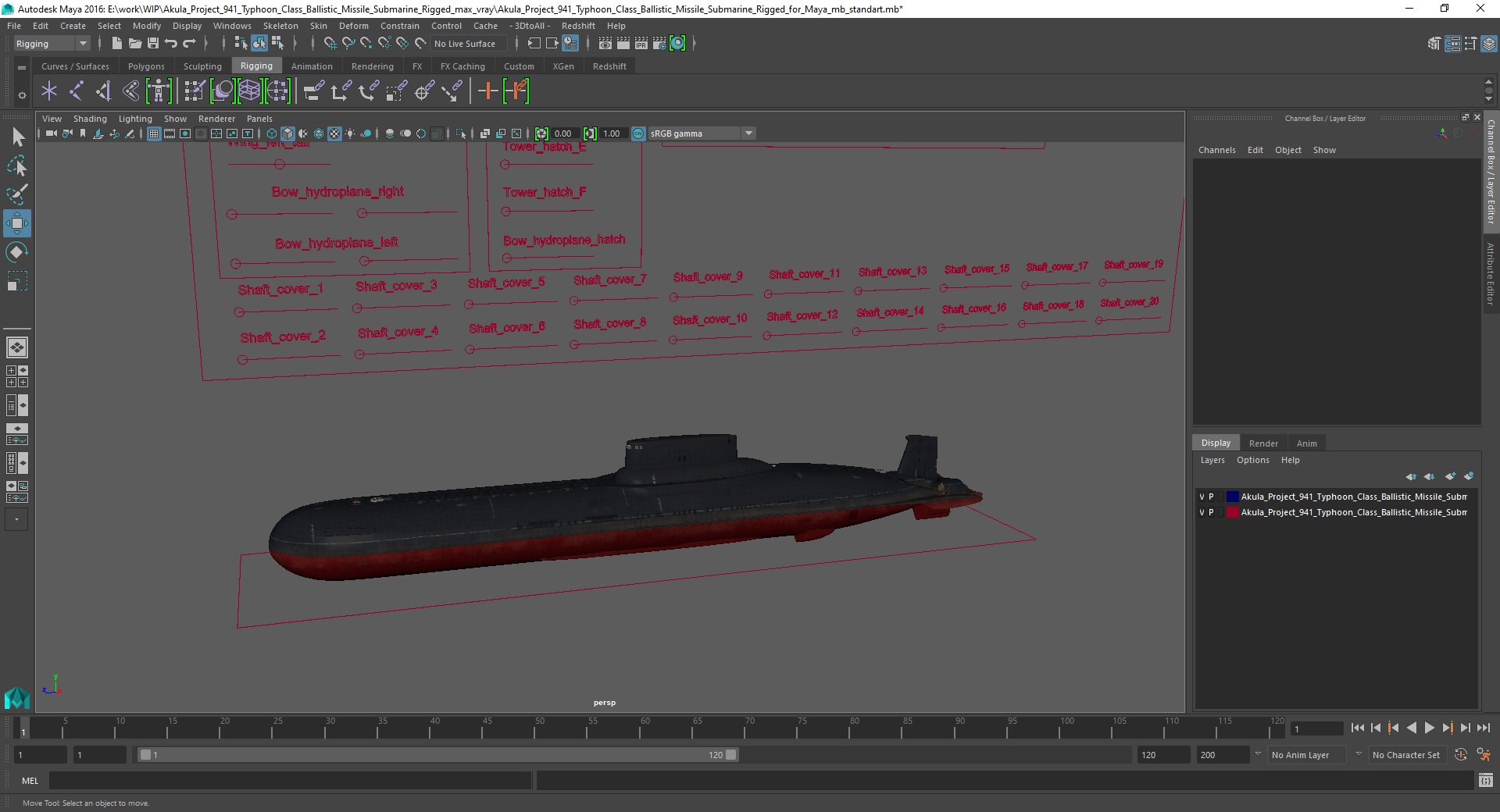 3D model Akula Project 941 Typhoon Class Ballistic Missile Submarine Rigged for Maya