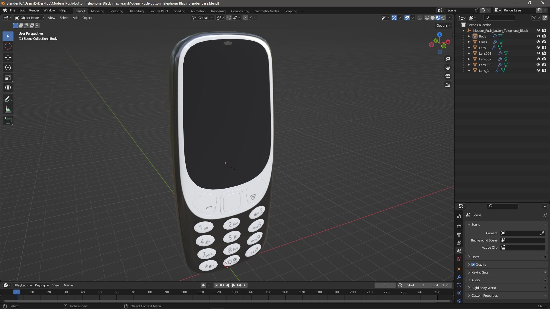 Modern Push-button Telephone Black 3D model