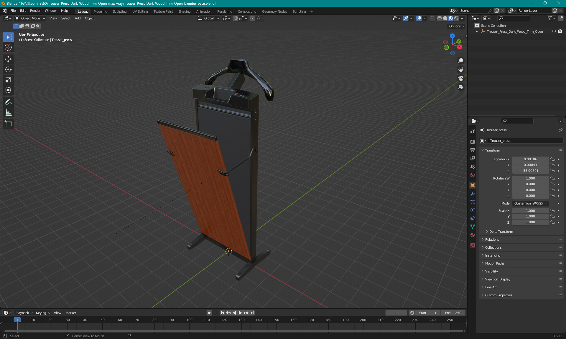 3D Trouser Press Dark Wood Trim Open model