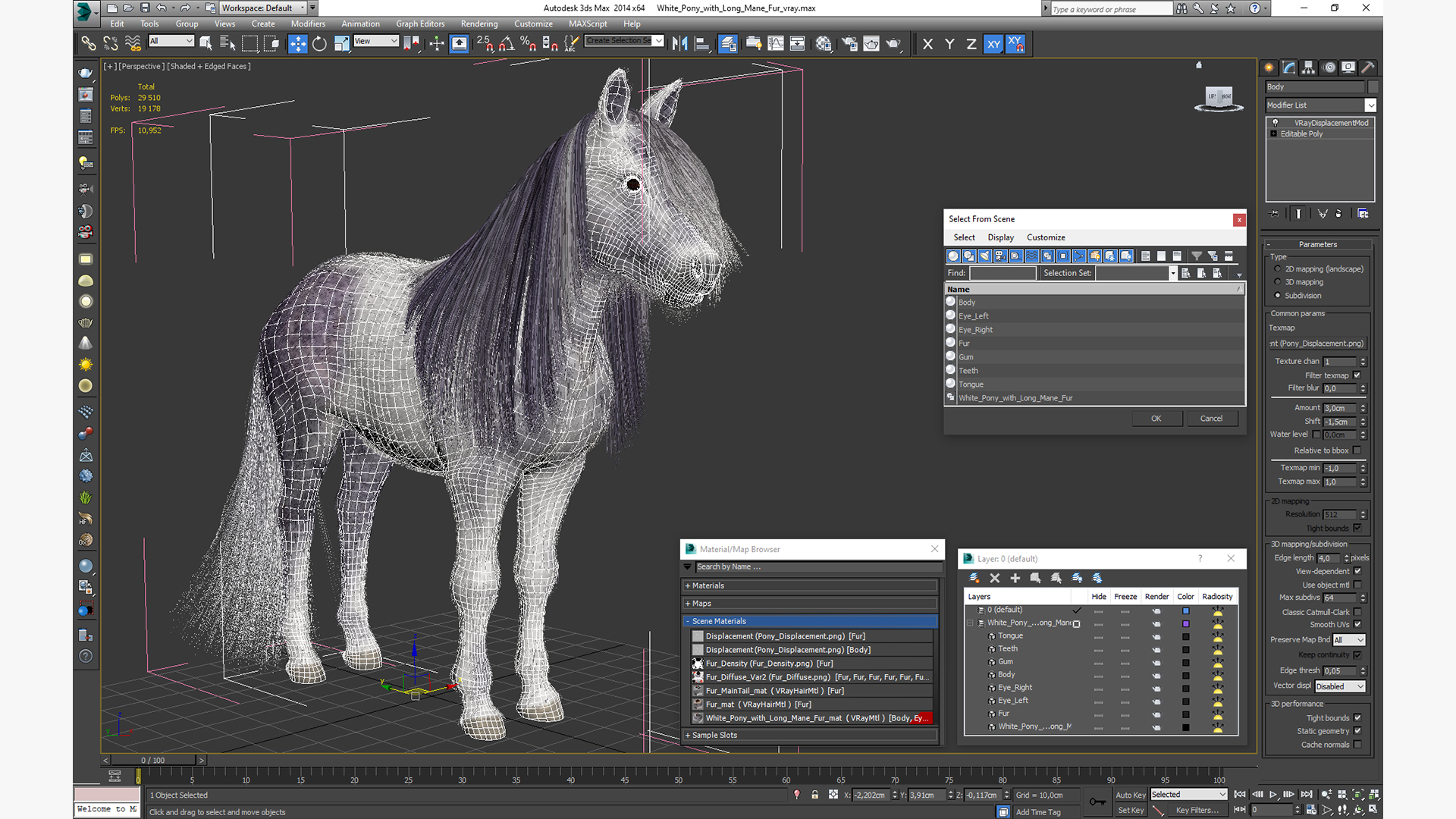 White Pony with Long Mane Fur 3D model