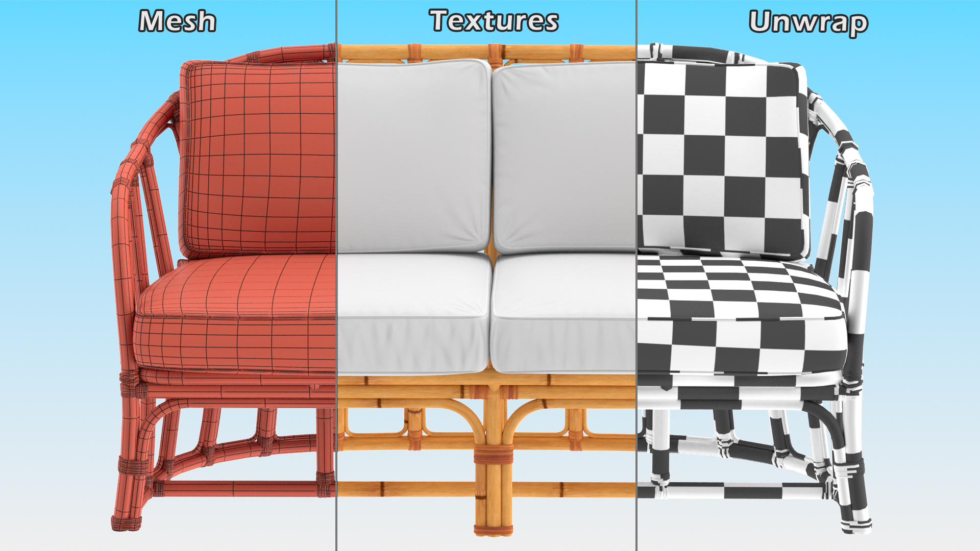 3D Vintage Bamboo Sofa with Cushions model
