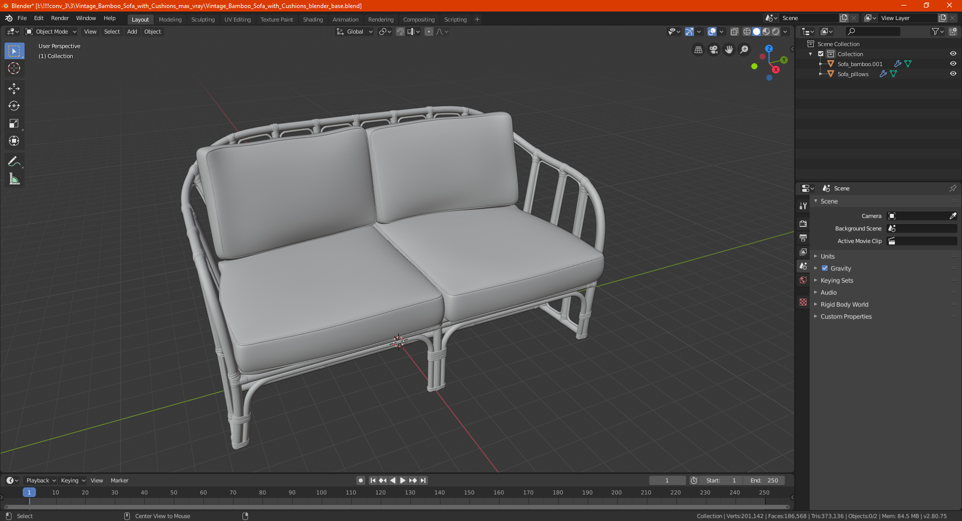 3D Vintage Bamboo Sofa with Cushions model
