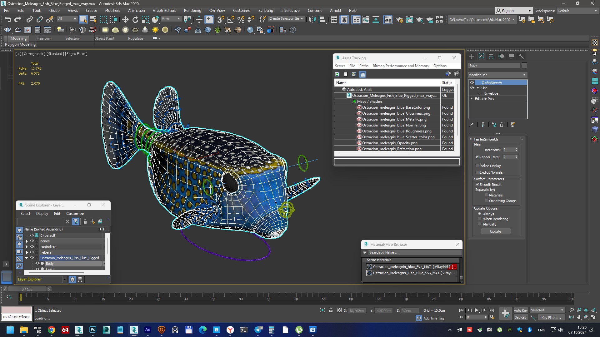 3D model Ostracion Meleagris Fish Blue Rigged for Cinema 4D