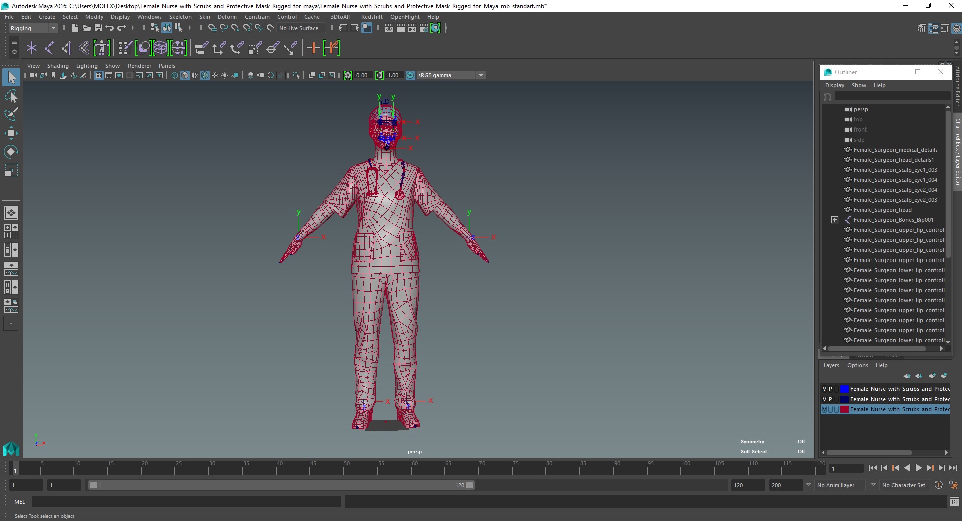 3D model Female Nurse with Scrubs and Protective Mask Rigged for Maya
