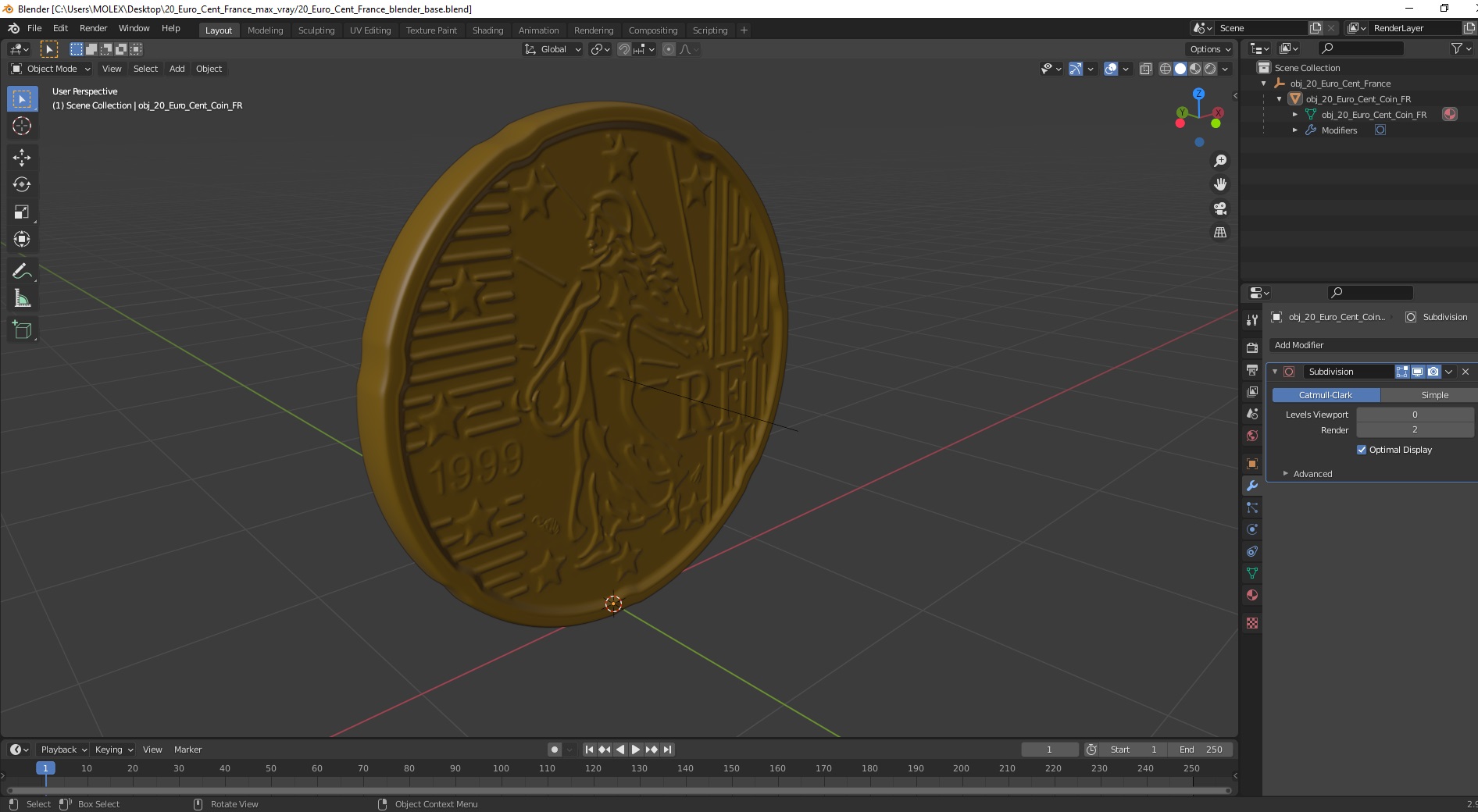 20 Euro Cent France 3D model
