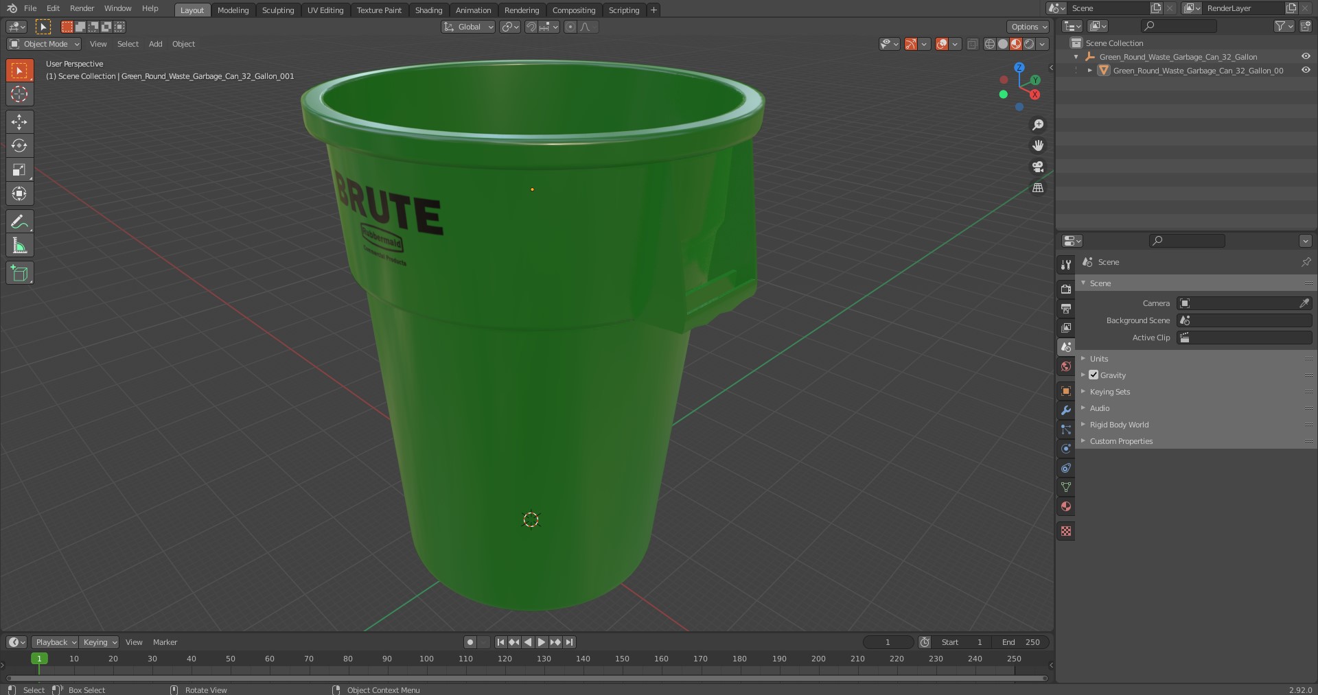 Green Round Waste Garbage Can 32 Gallon 3D model