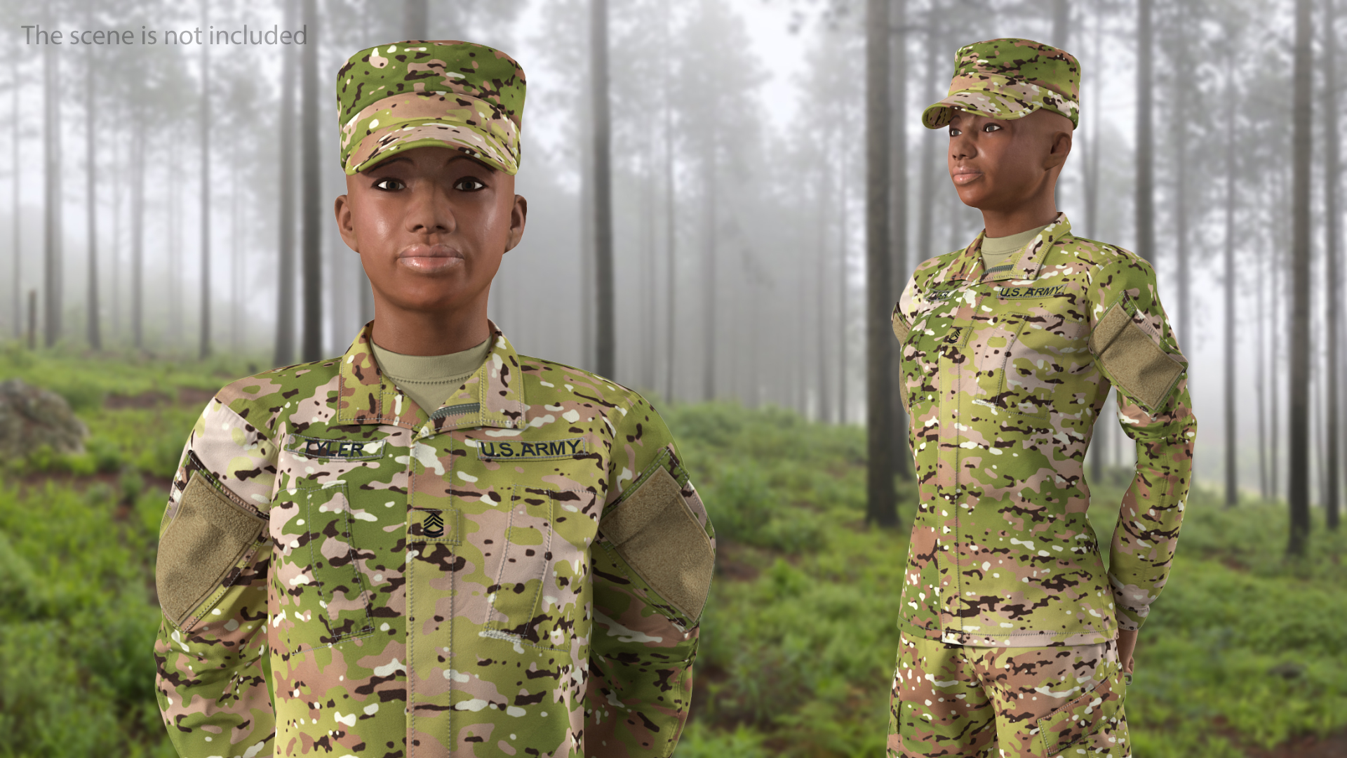 3D Black Female Soldier Camouflage Green Standing Pose