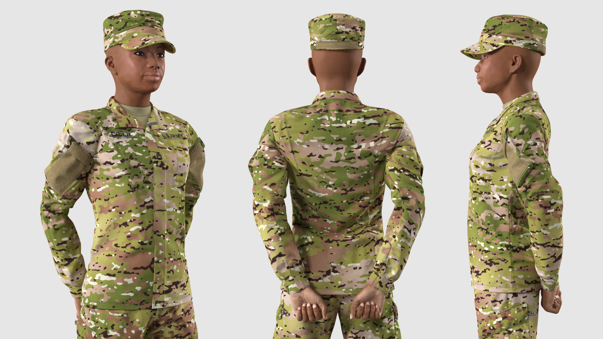 3D Black Female Soldier Camouflage Green Standing Pose