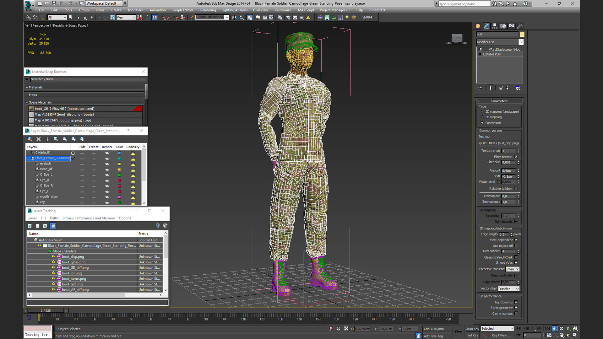 3D Black Female Soldier Camouflage Green Standing Pose