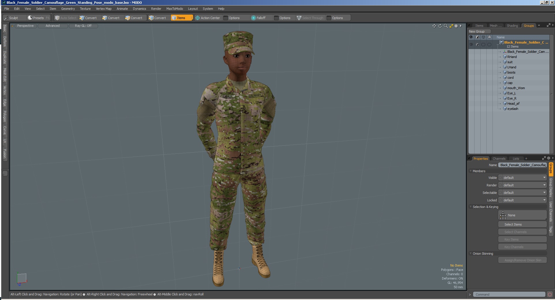 3D Black Female Soldier Camouflage Green Standing Pose