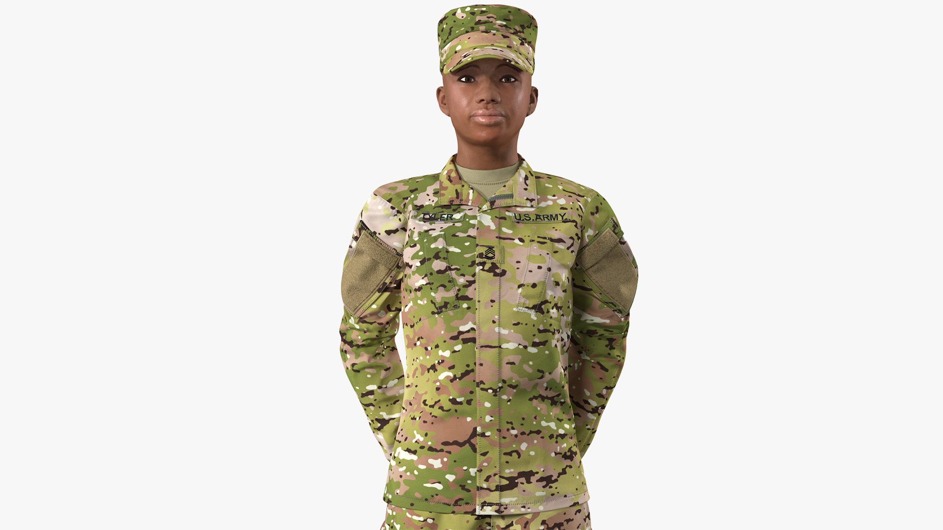 3D Black Female Soldier Camouflage Green Standing Pose