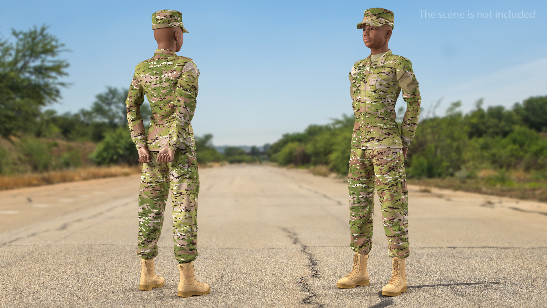 3D Black Female Soldier Camouflage Green Standing Pose