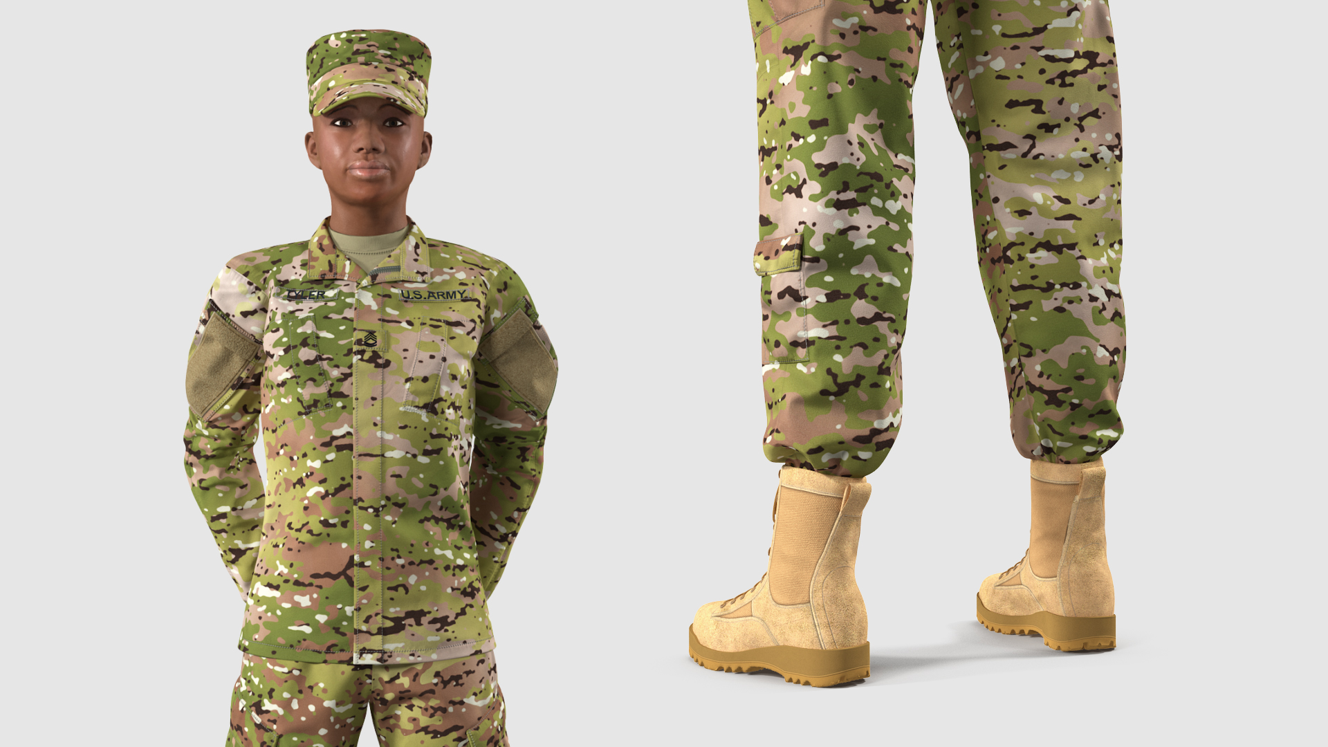 3D Black Female Soldier Camouflage Green Standing Pose