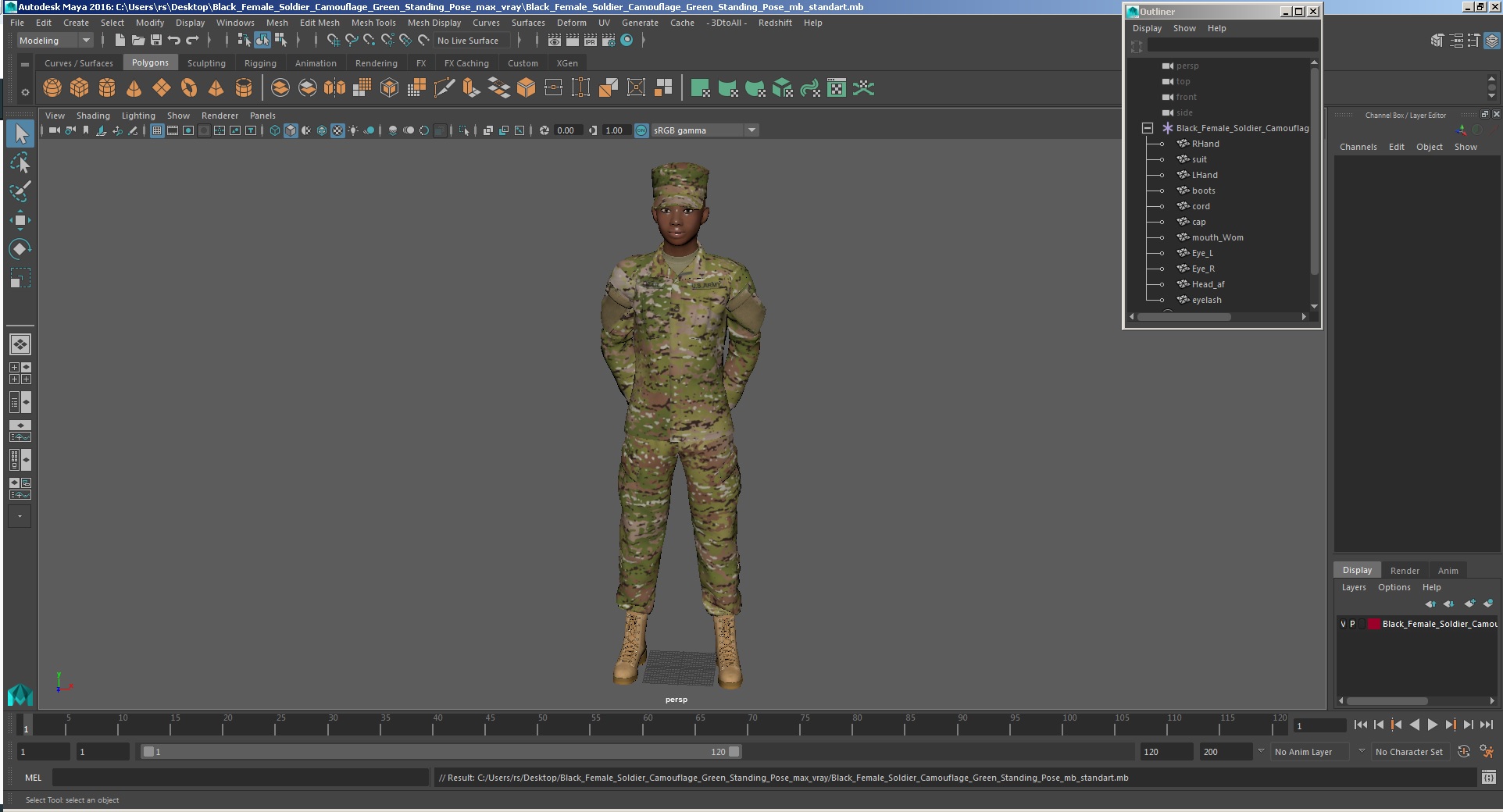 3D Black Female Soldier Camouflage Green Standing Pose