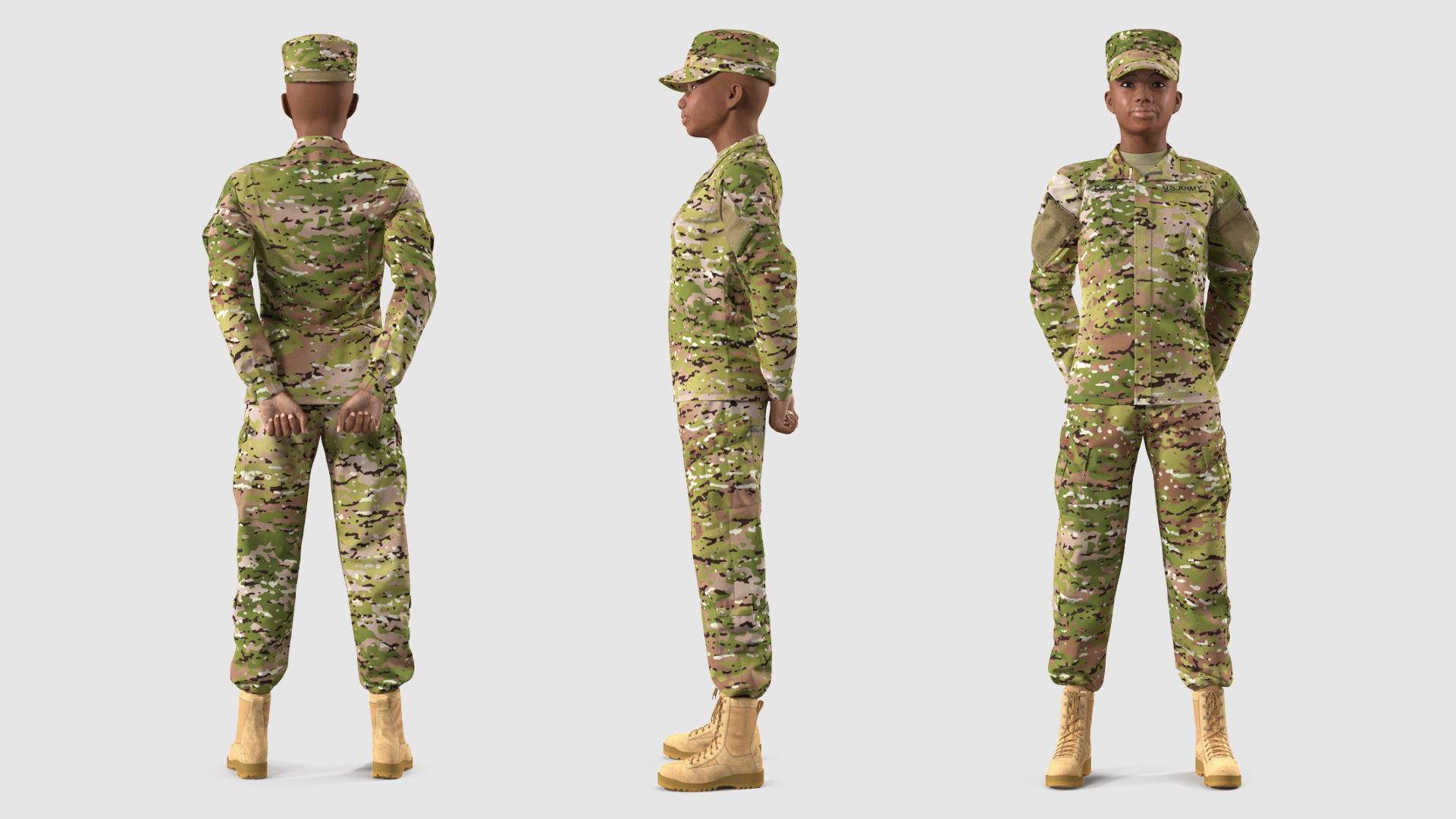 3D Black Female Soldier Camouflage Green Standing Pose