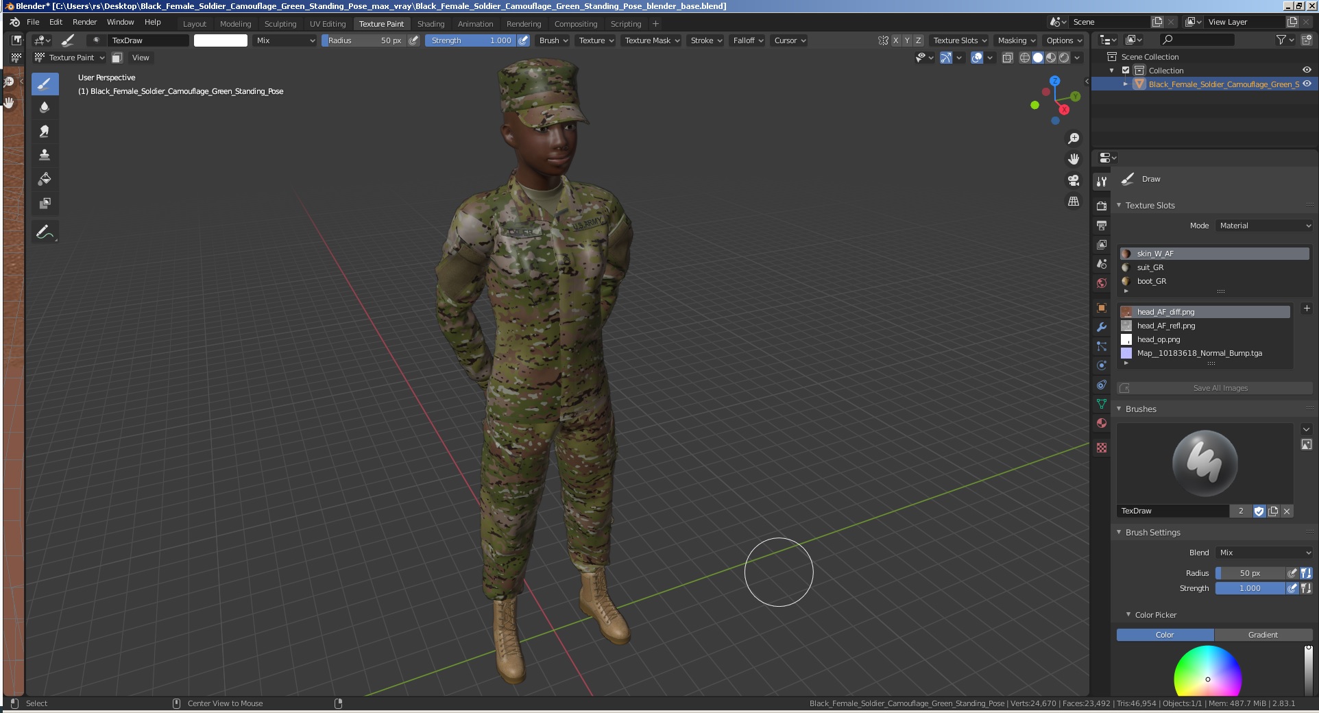 3D Black Female Soldier Camouflage Green Standing Pose