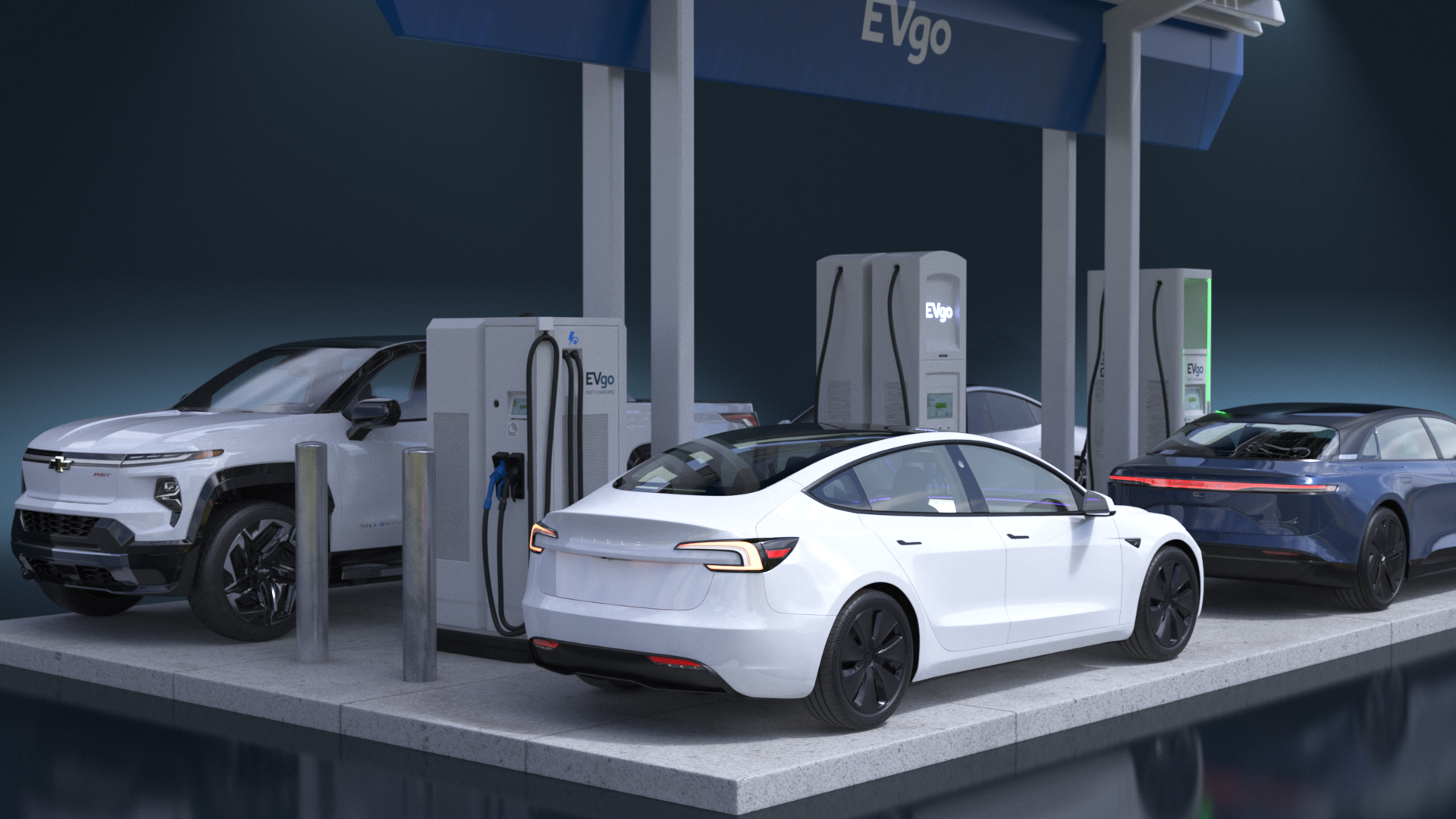 3D Chevrolet Tesla Xiaomi and Lucid Cars at EVgo Electric Charging Station