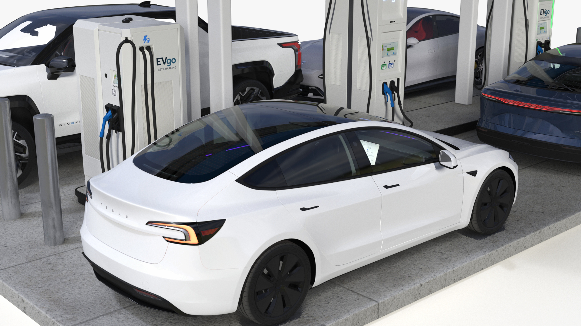 3D Chevrolet Tesla Xiaomi and Lucid Cars at EVgo Electric Charging Station