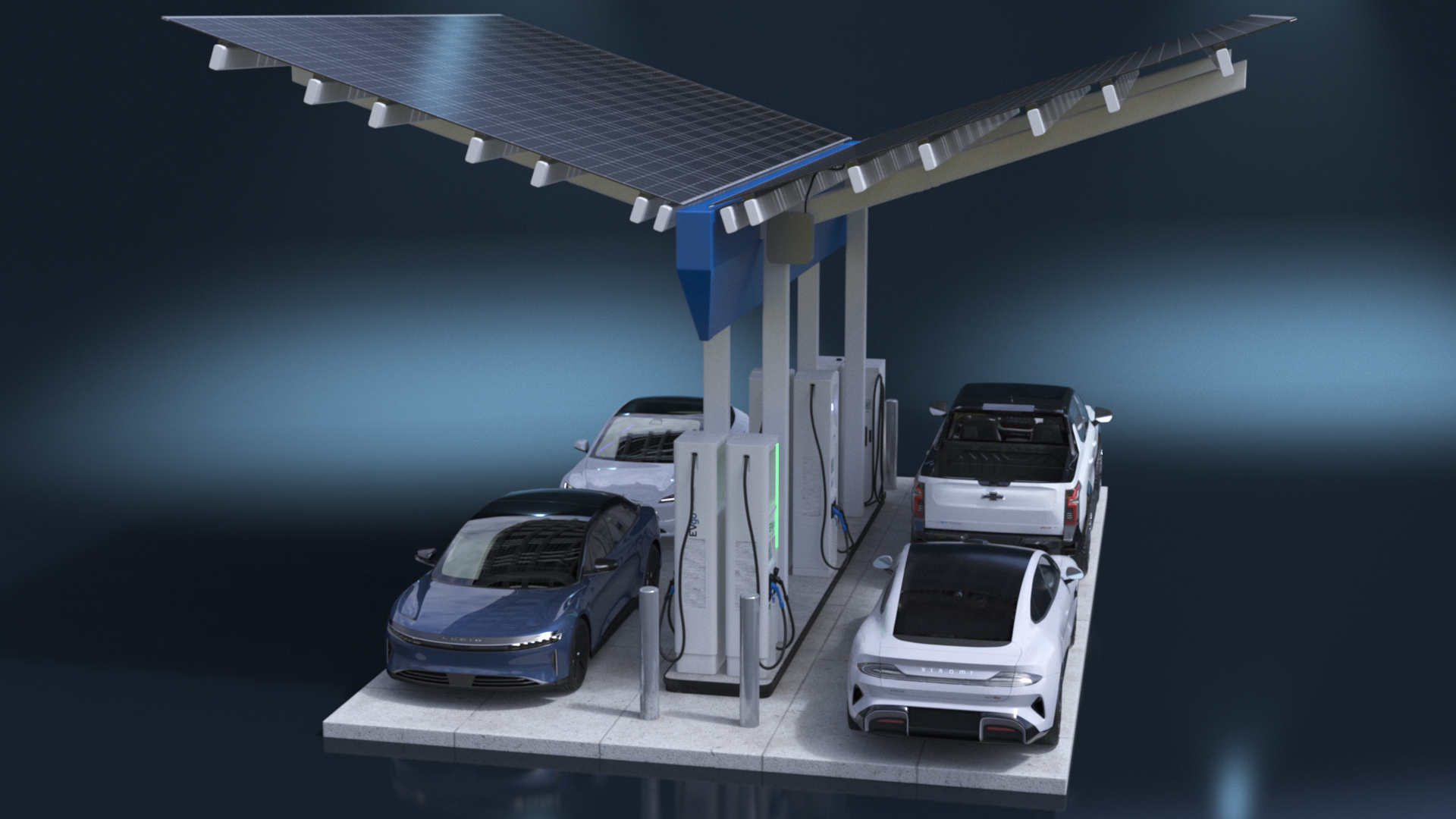 3D Chevrolet Tesla Xiaomi and Lucid Cars at EVgo Electric Charging Station