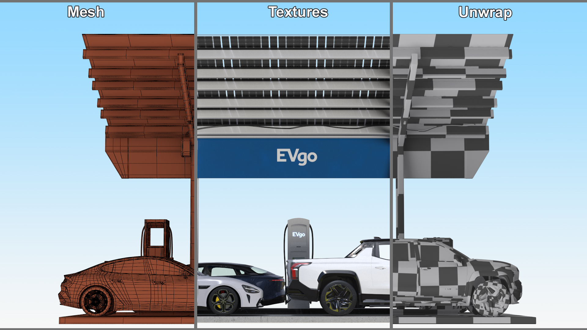 3D Chevrolet Tesla Xiaomi and Lucid Cars at EVgo Electric Charging Station