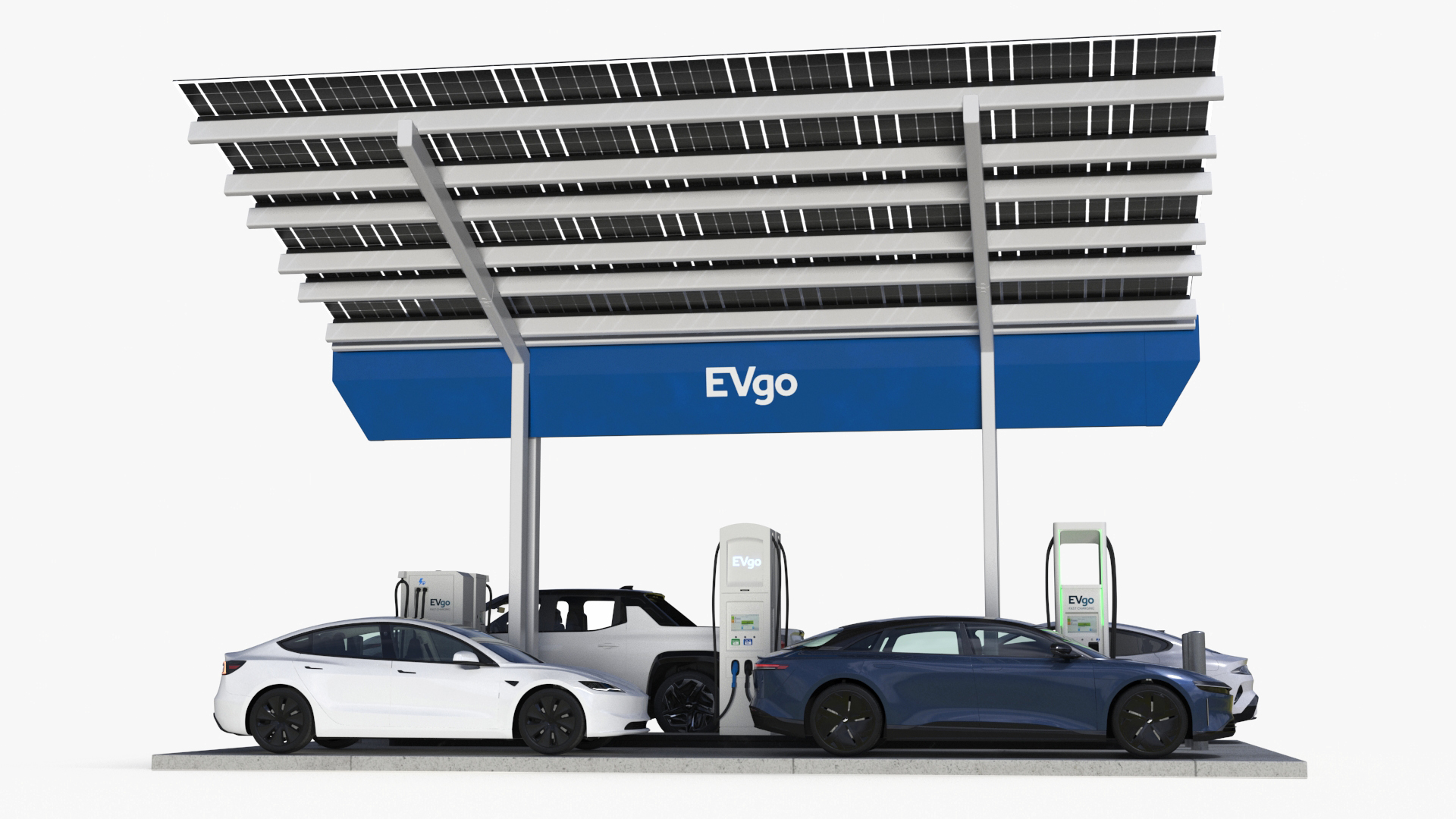 3D Chevrolet Tesla Xiaomi and Lucid Cars at EVgo Electric Charging Station