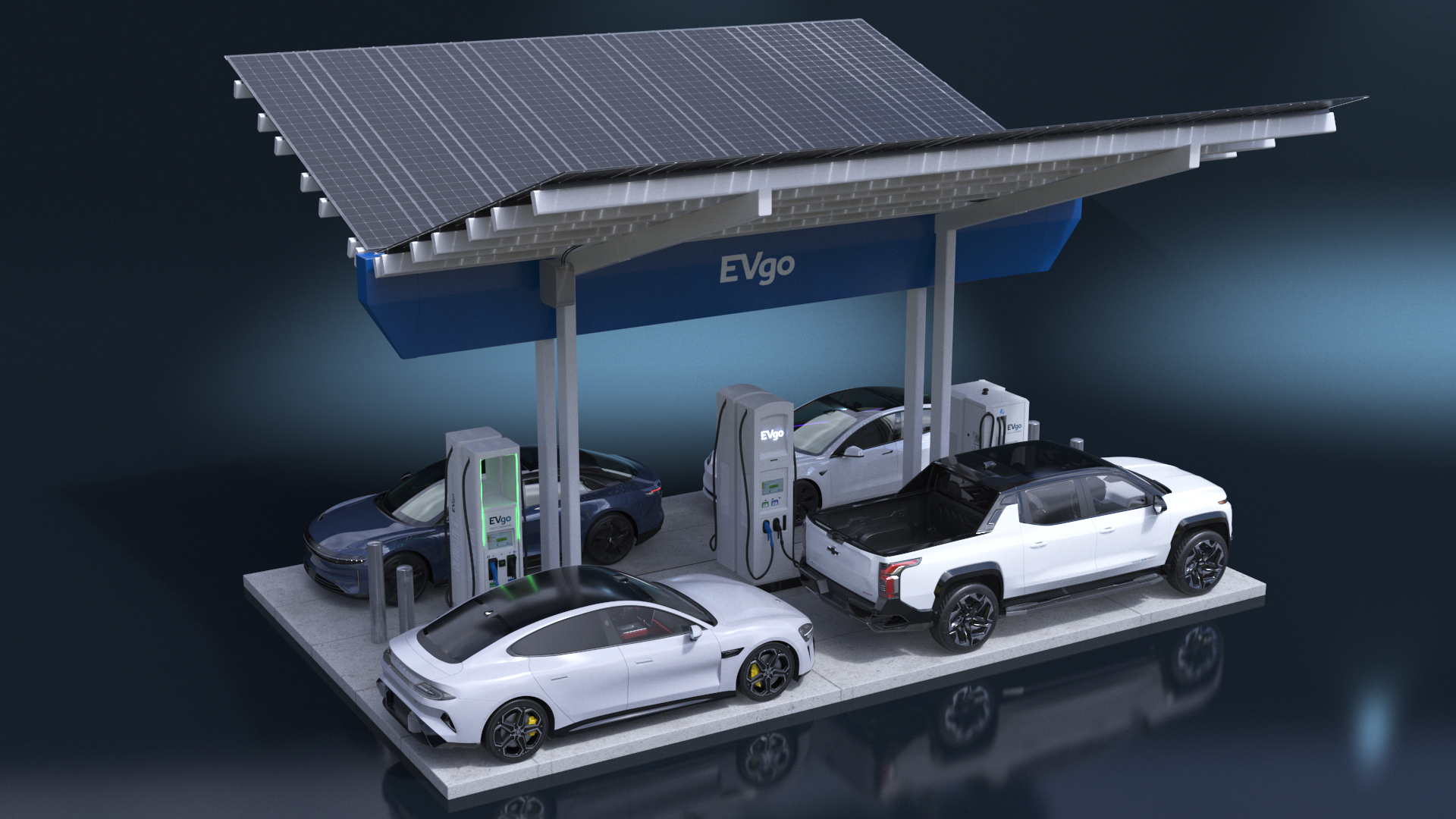 3D Chevrolet Tesla Xiaomi and Lucid Cars at EVgo Electric Charging Station