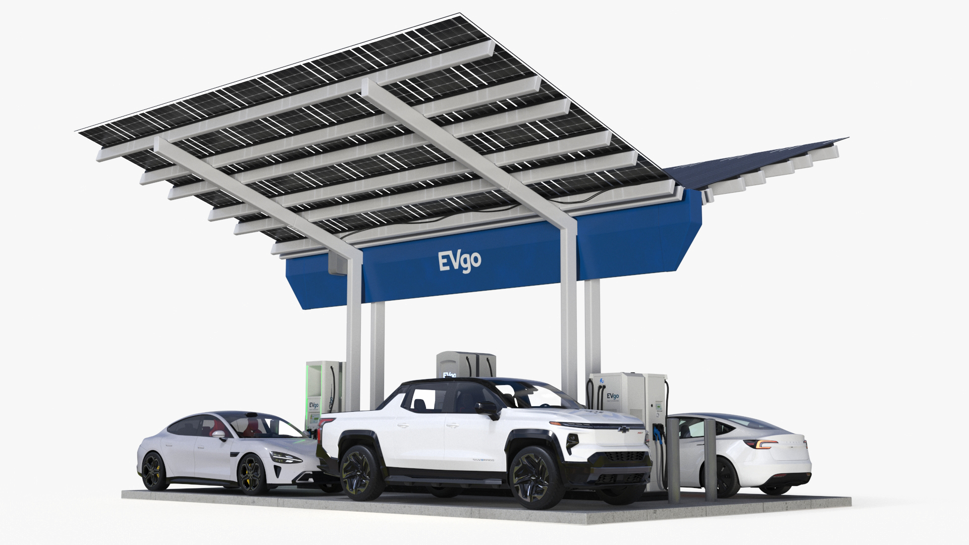 3D Chevrolet Tesla Xiaomi and Lucid Cars at EVgo Electric Charging Station