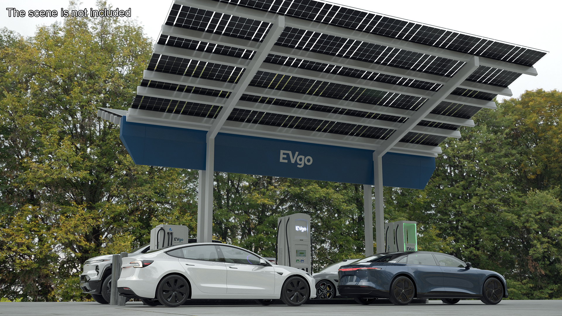 3D Chevrolet Tesla Xiaomi and Lucid Cars at EVgo Electric Charging Station