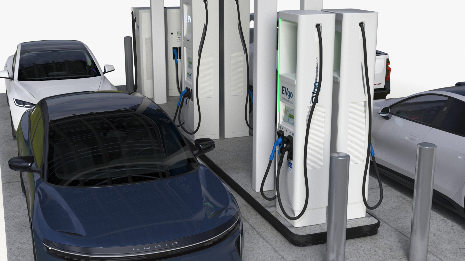 3D Chevrolet Tesla Xiaomi and Lucid Cars at EVgo Electric Charging Station