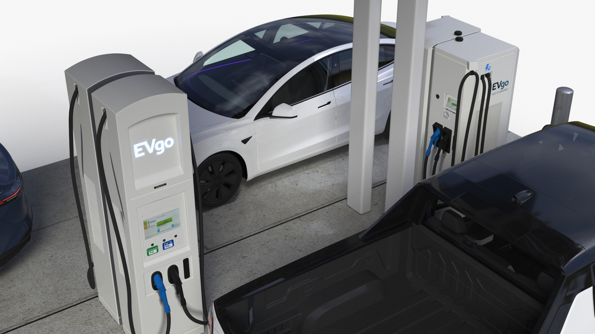 3D Chevrolet Tesla Xiaomi and Lucid Cars at EVgo Electric Charging Station