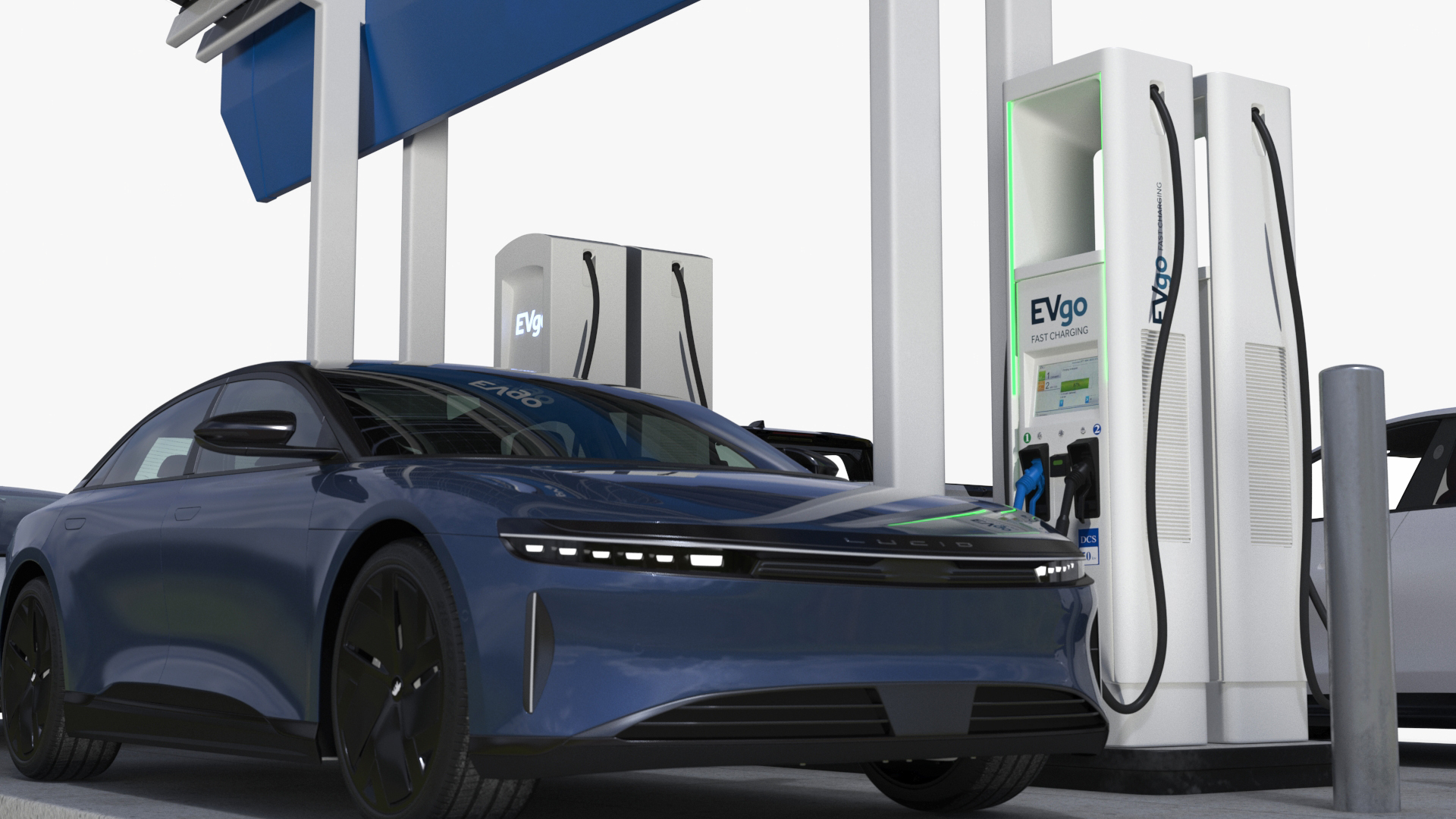 3D Chevrolet Tesla Xiaomi and Lucid Cars at EVgo Electric Charging Station