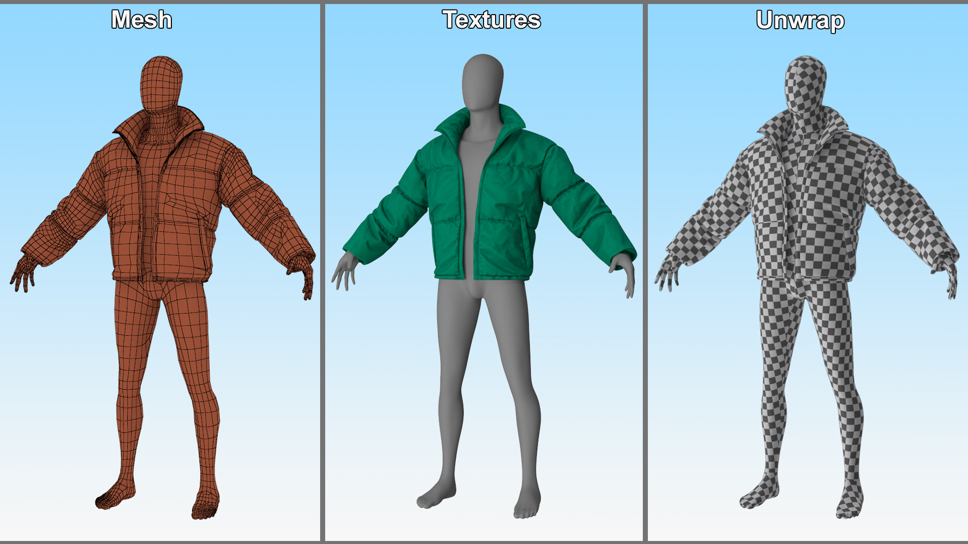 3D model Mens Down Jacket Oversized Green on Mannequin
