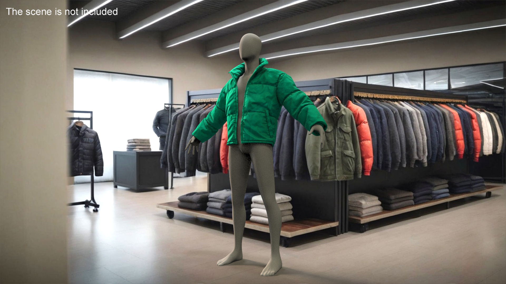 3D model Mens Down Jacket Oversized Green on Mannequin