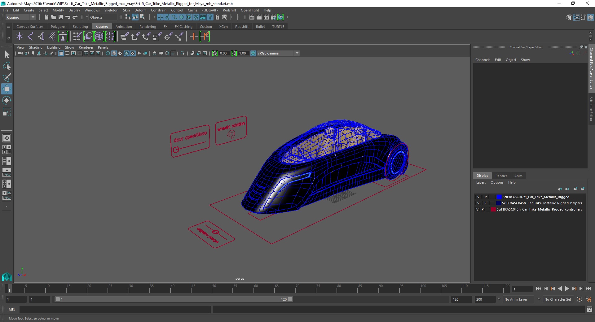 3D Sci-fi Car Trike Metallic Rigged for Maya