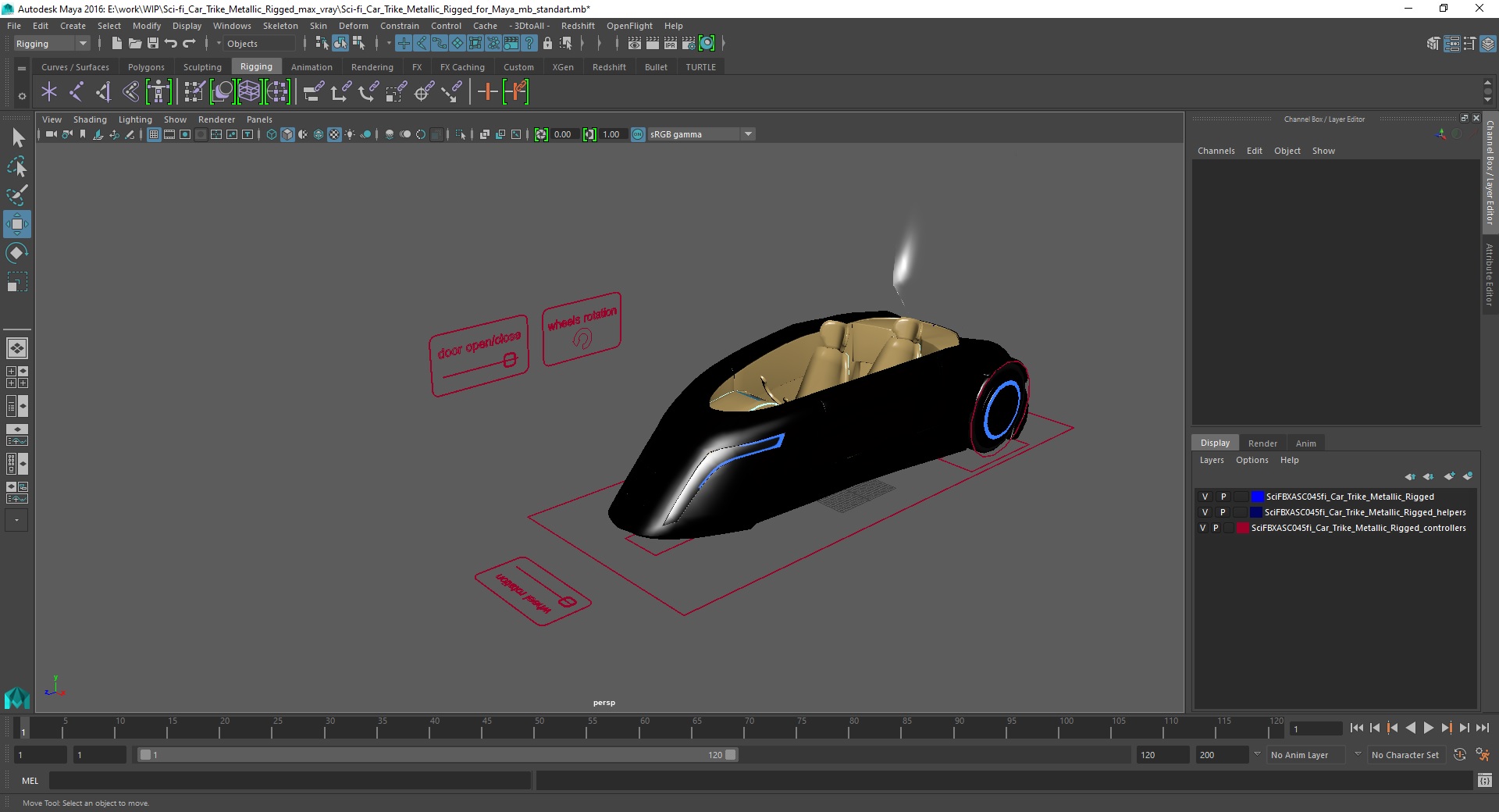 3D Sci-fi Car Trike Metallic Rigged for Maya
