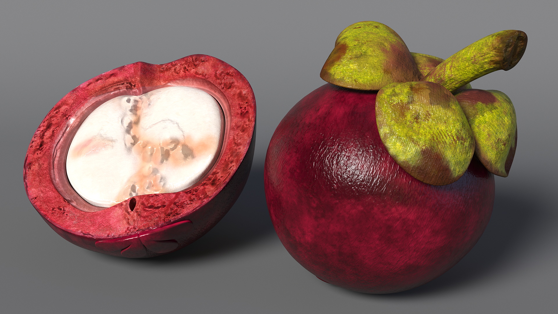 3D Thailand Mangosteen Whole and Half Cut model