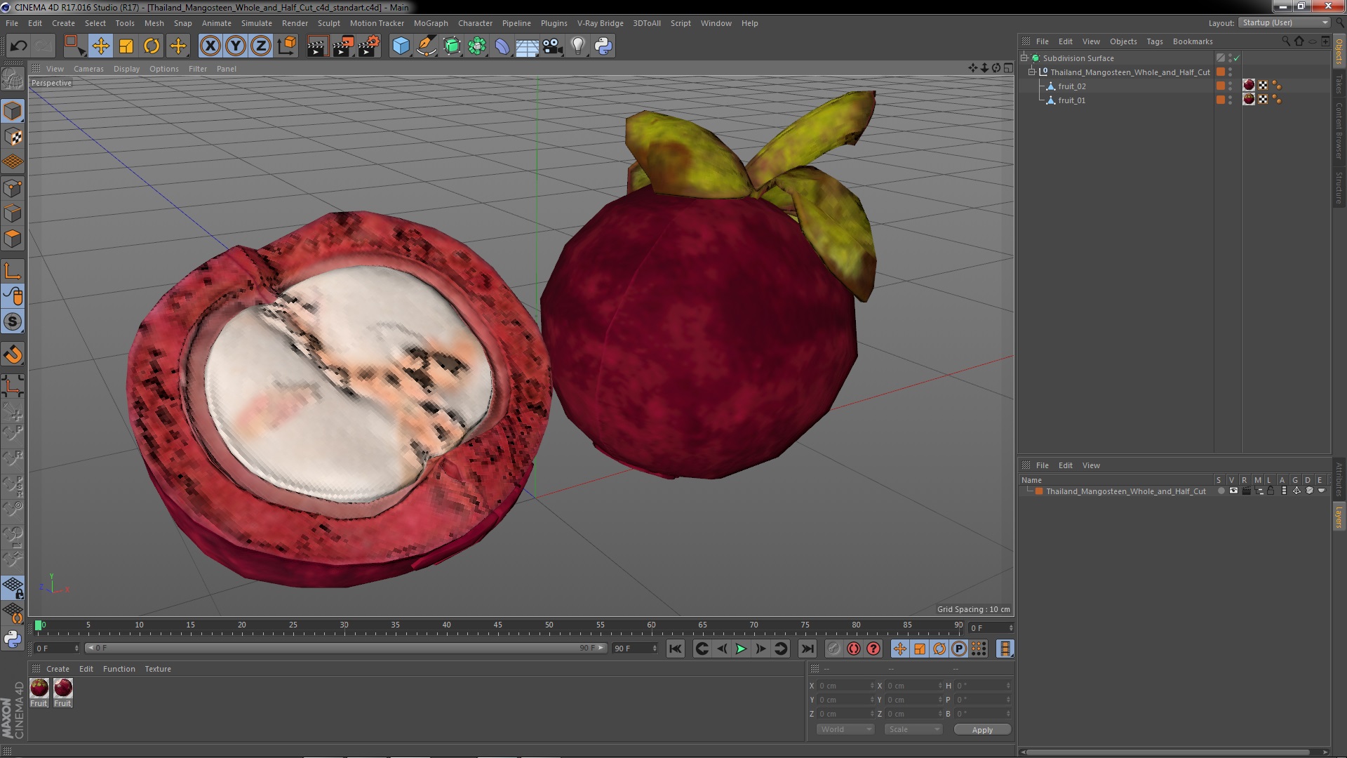 3D Thailand Mangosteen Whole and Half Cut model