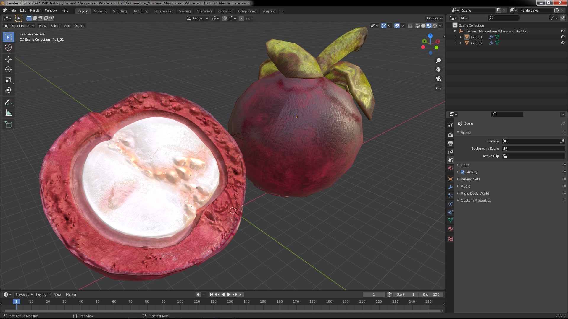 3D Thailand Mangosteen Whole and Half Cut model