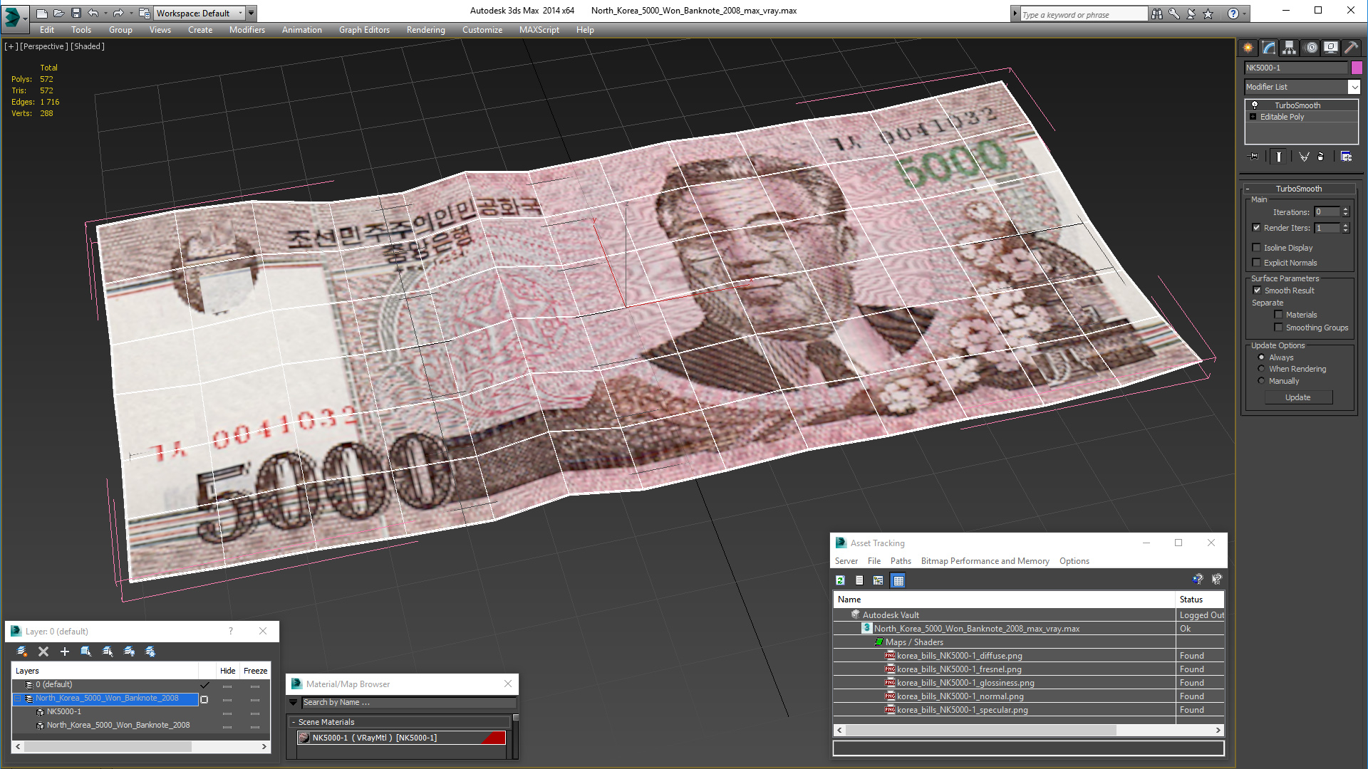 North Korea 5000 Won Banknote 2008 3D model