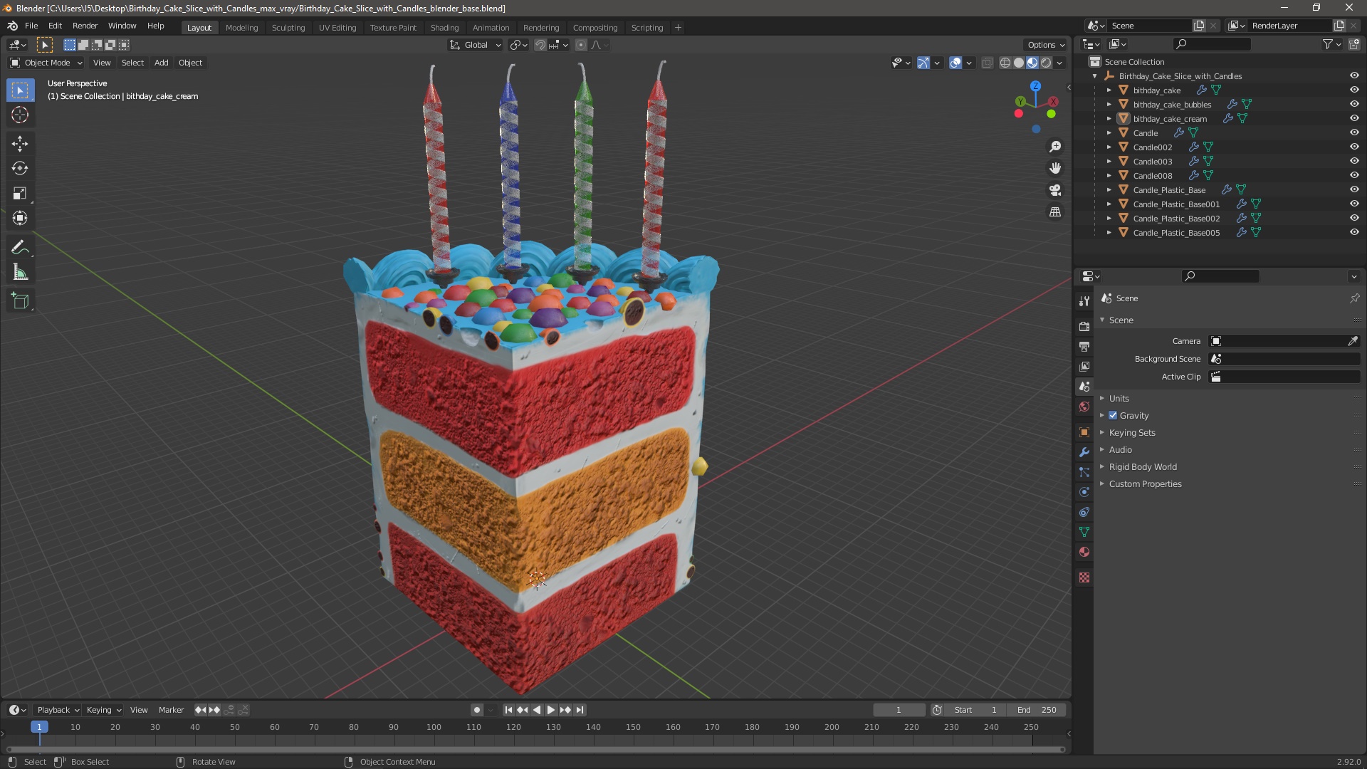 Birthday Cake Slice with Candles 3D